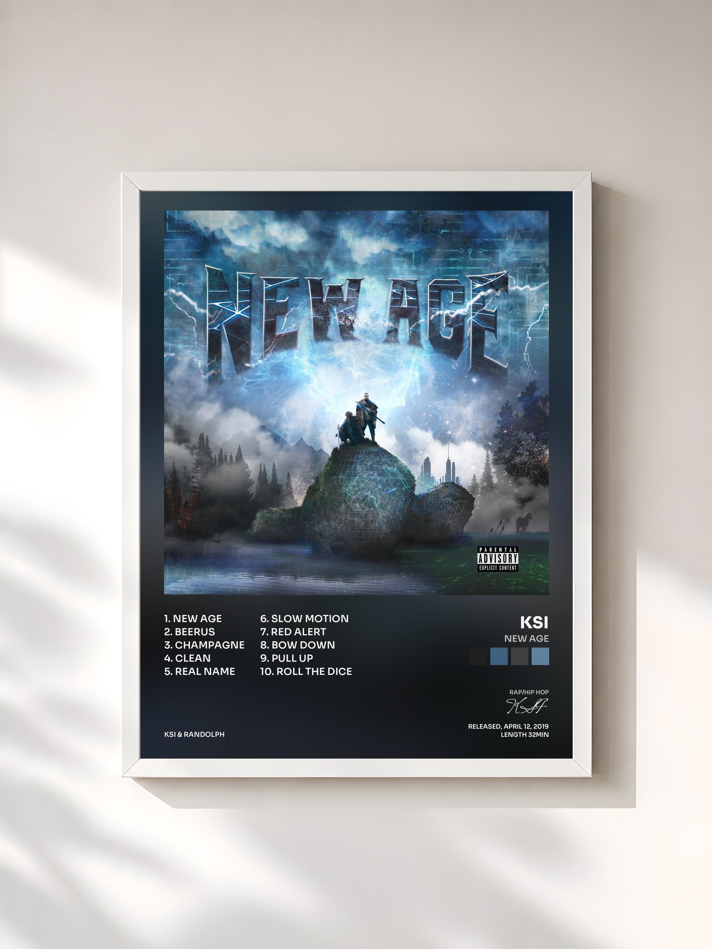 #blanc Tableau de l'album New Age de KSI, cadre blanc, imprimé et encadré en France