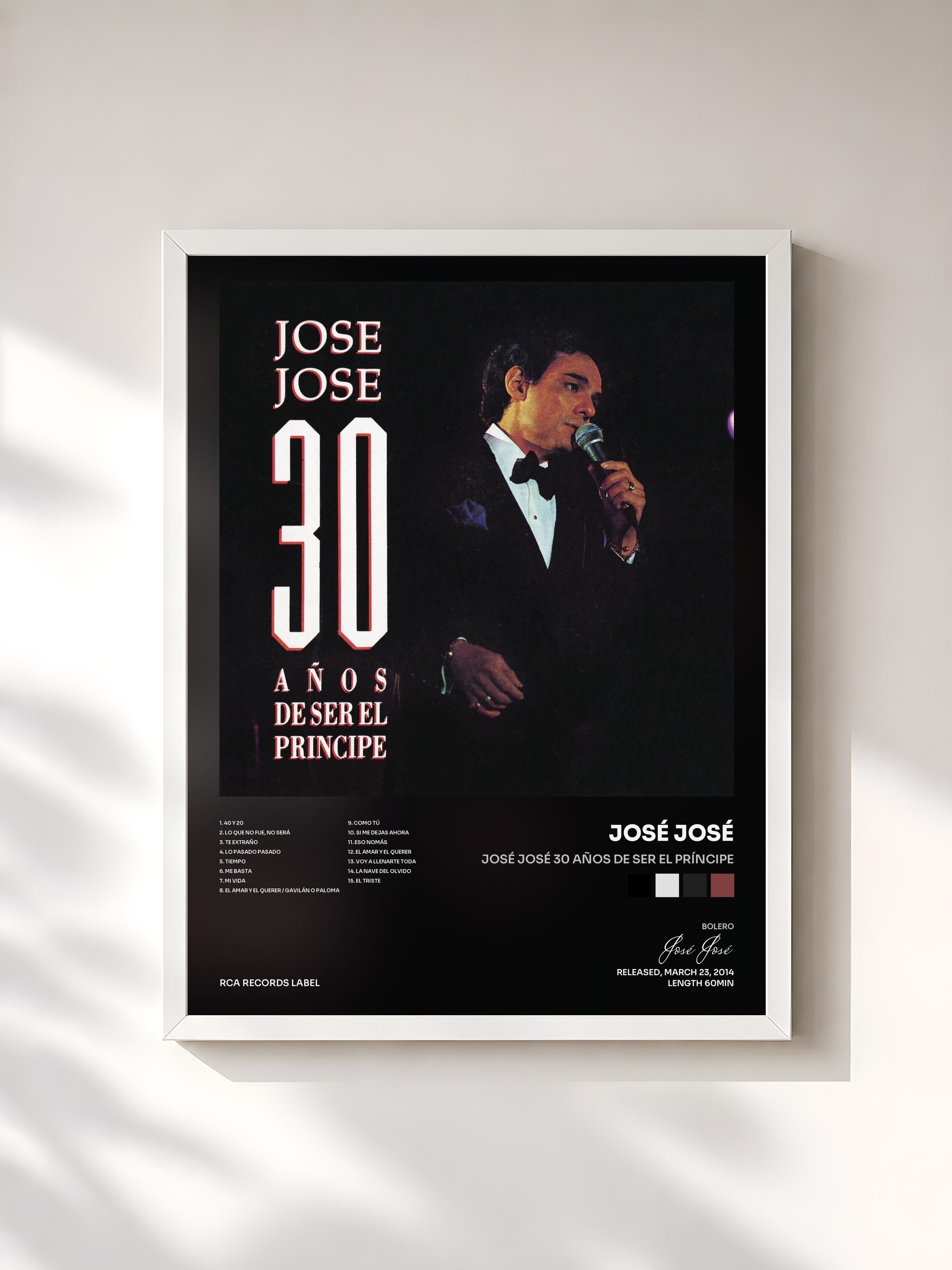 #blanc Tableau de l'album José José 30 Años de Ser el Príncipe de José José, cadre blanc, imprimé et encadré en France