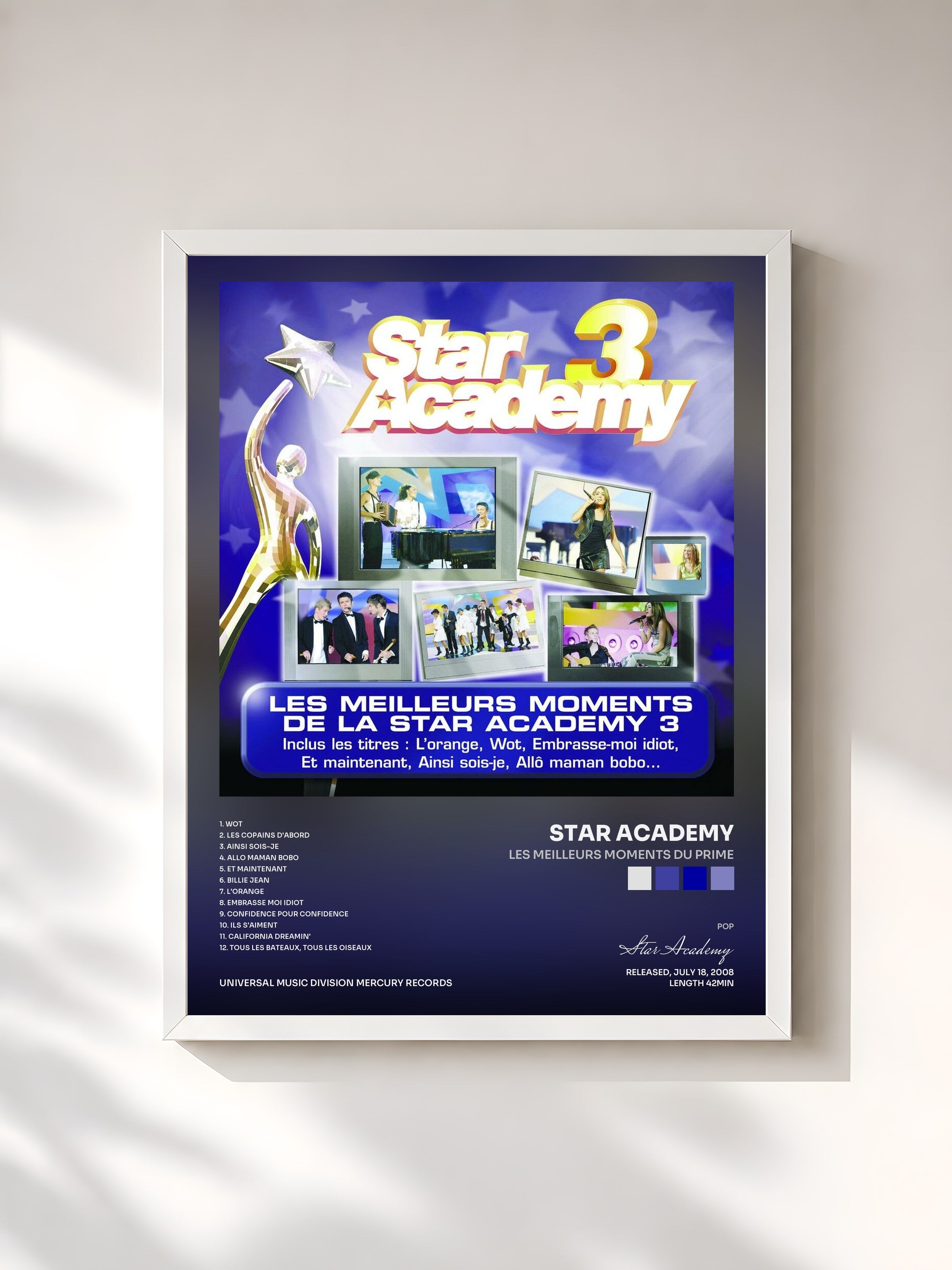 #blanc Tableau de l'album Les Meilleurs Moments Du Prime de Star Academy, cadre blanc, imprimé et encadré en France