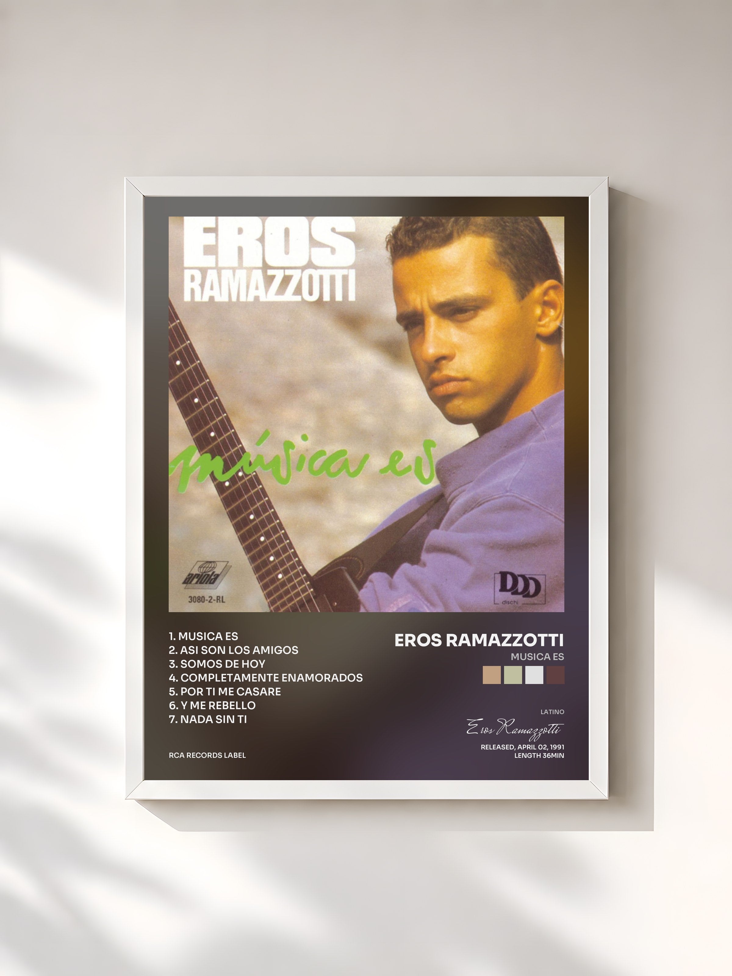 #blanc Tableau de l'album Musica Es de Eros Ramazzotti, cadre blanc, imprimé et encadré en France