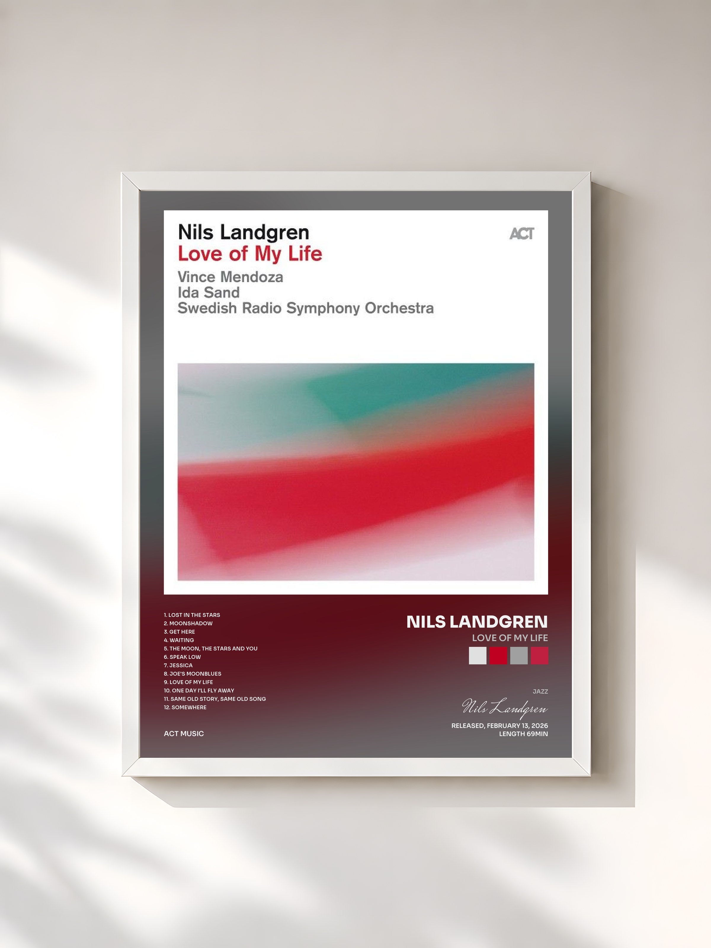 #blanc Tableau de l'album Love of My Life de Nils Landgren, cadre blanc, imprimé et encadré en France