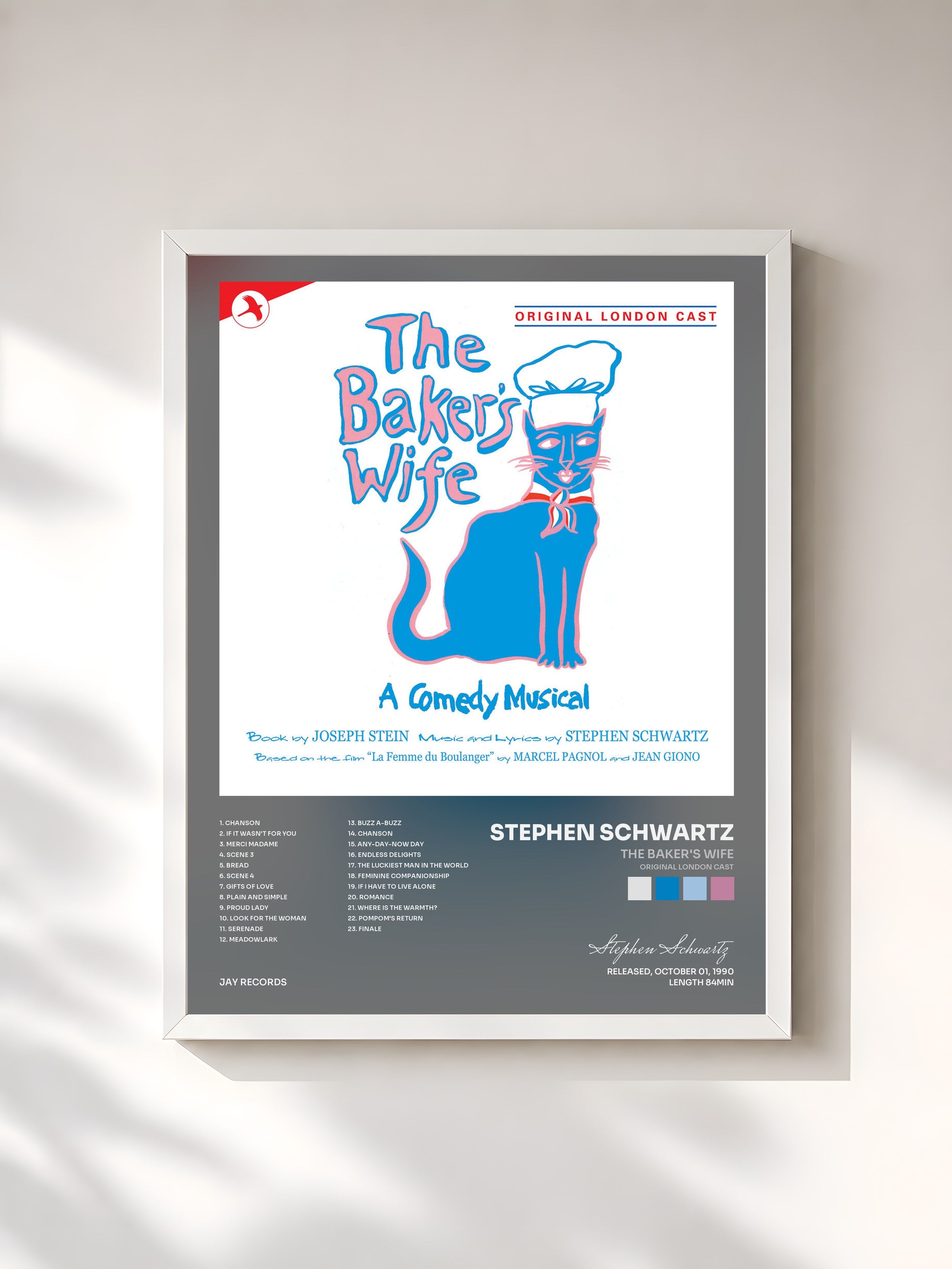 #blanc Tableau de l'album The Baker's Wife (Original London Cast) de Stephen Schwartz, cadre blanc, imprimé et encadré en France