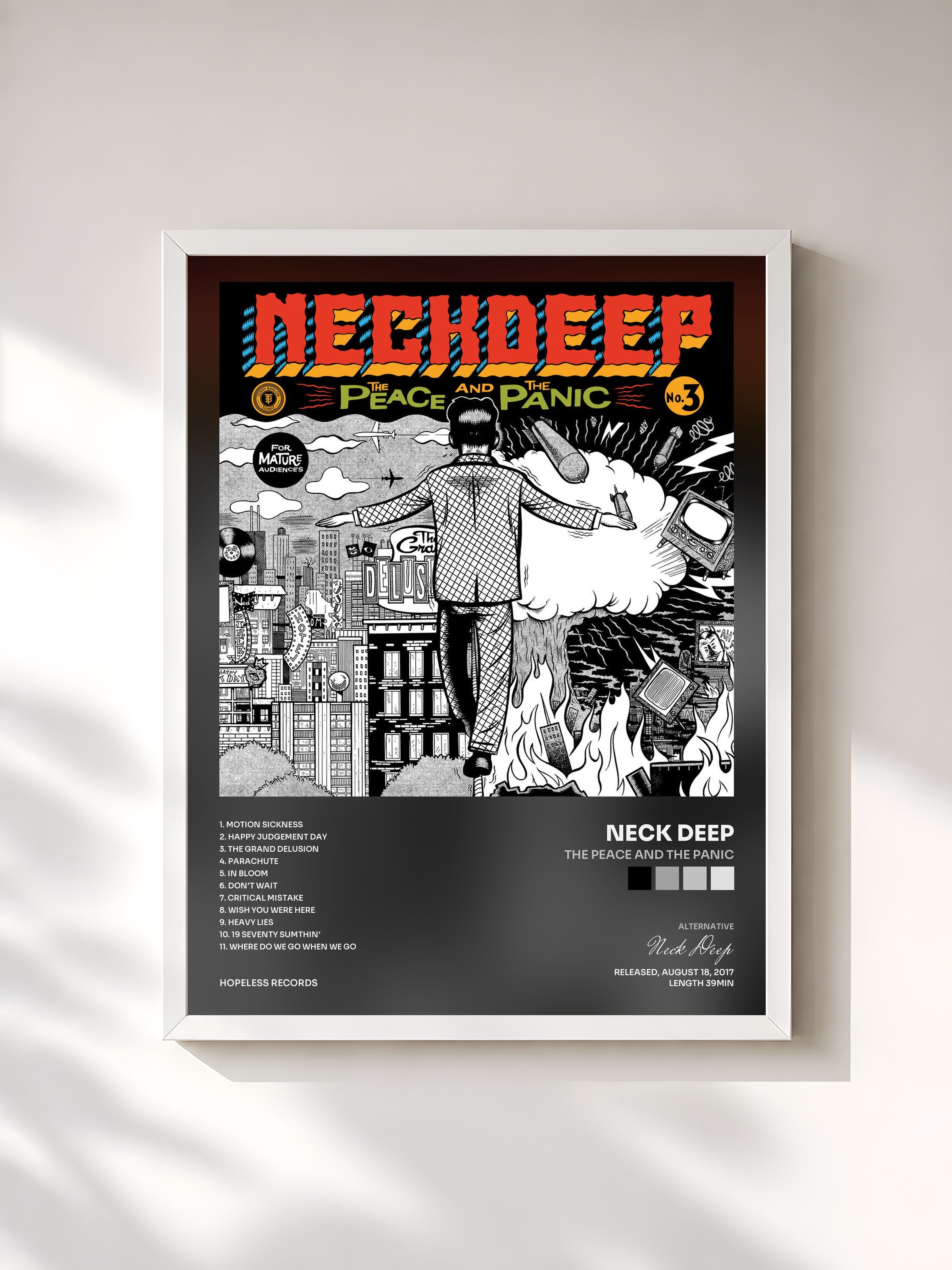 #blanc Tableau de l'album The Peace And The Panic de Neck Deep, cadre blanc, imprimé et encadré en France