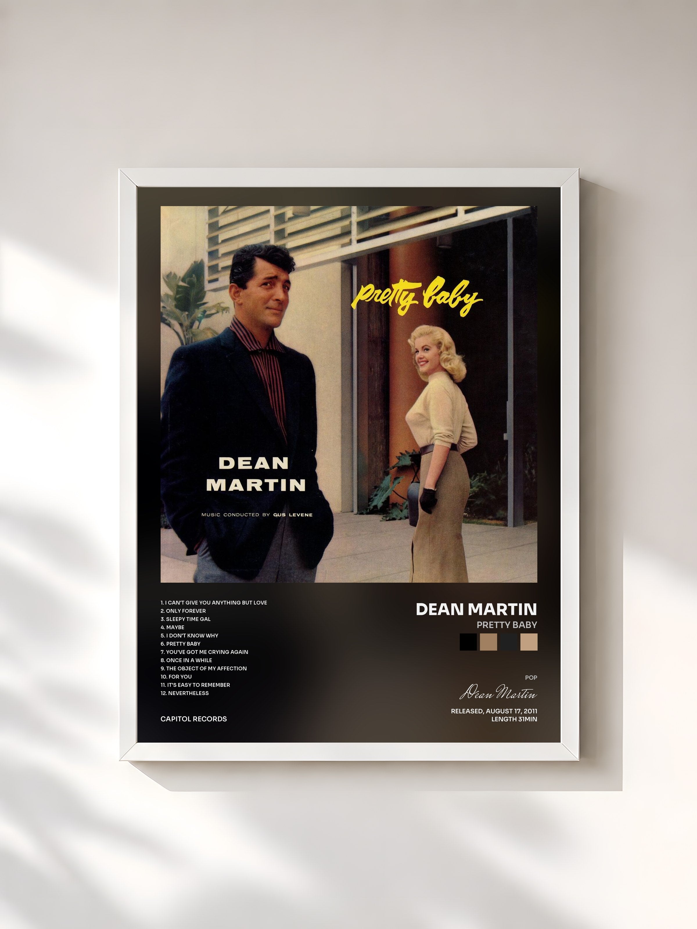 #blanc Tableau de l'album Pretty Baby de Dean Martin, cadre blanc, imprimé et encadré en France