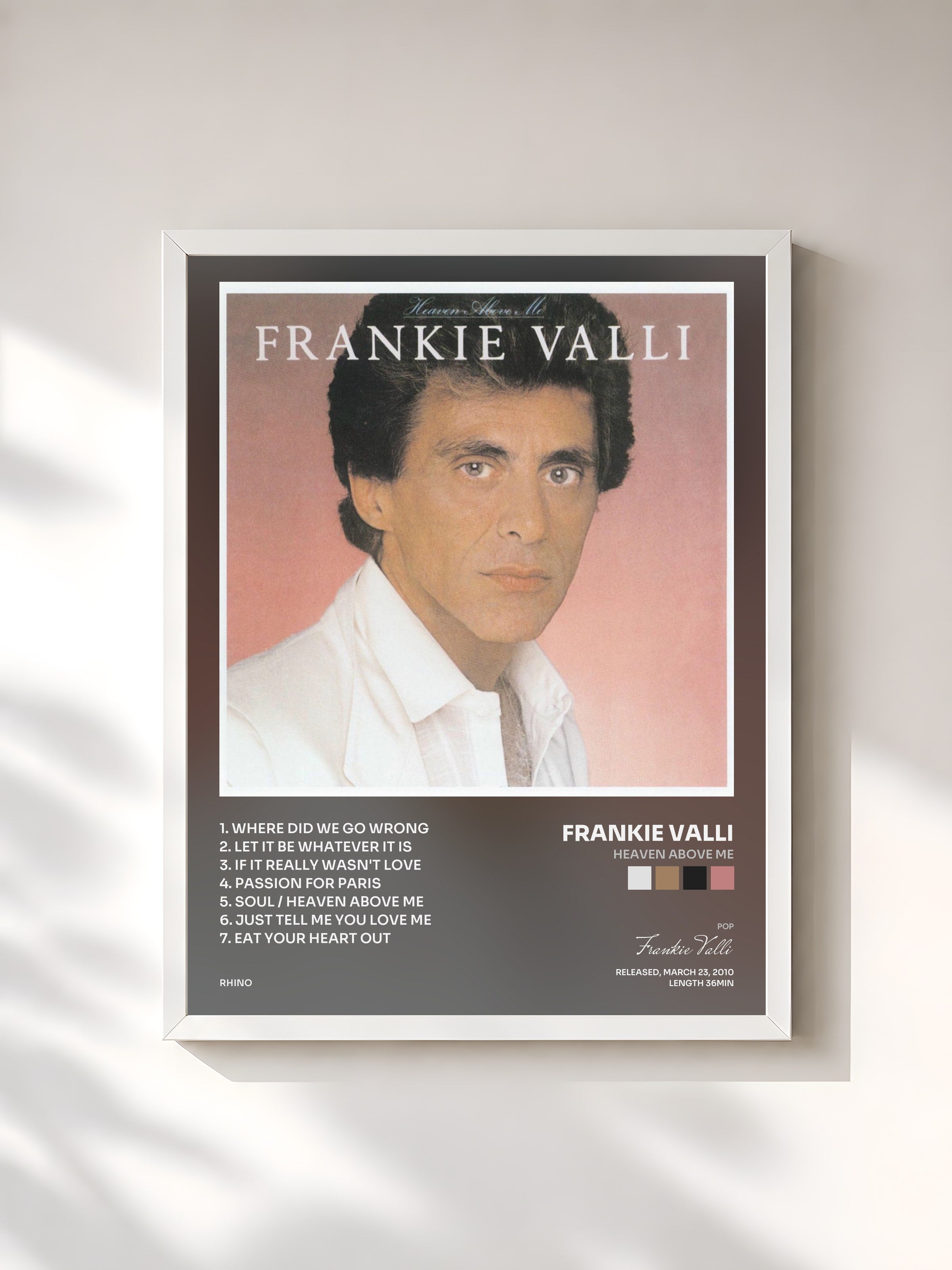 #blanc Tableau de l'album Heaven Above Me de Frankie Valli, cadre blanc, imprimé et encadré en France