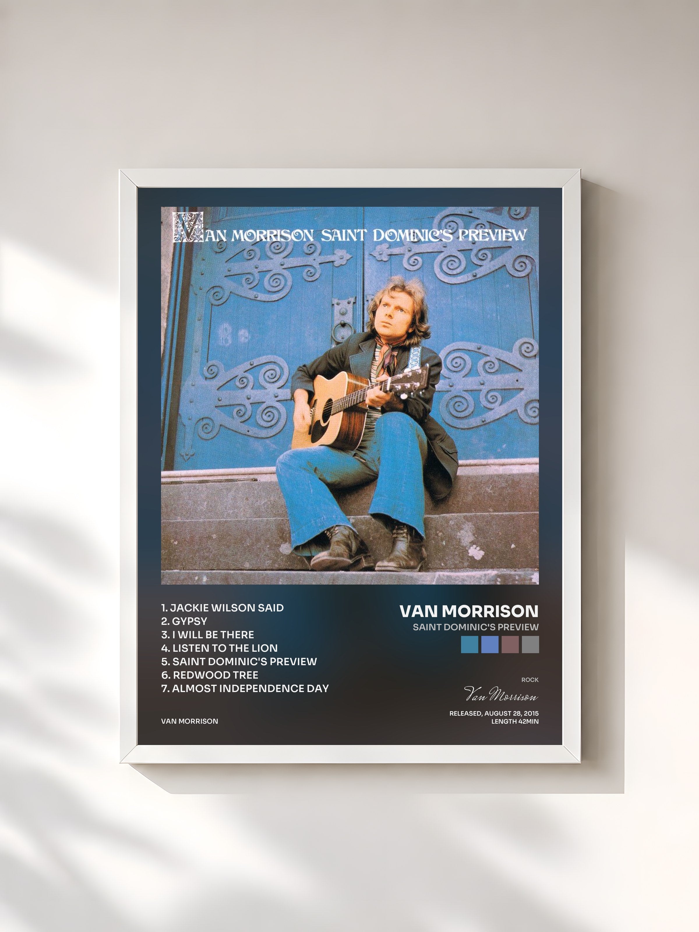 #blanc Tableau de l'album Saint Dominic's Preview de Van Morrison, cadre blanc, imprimé et encadré en France