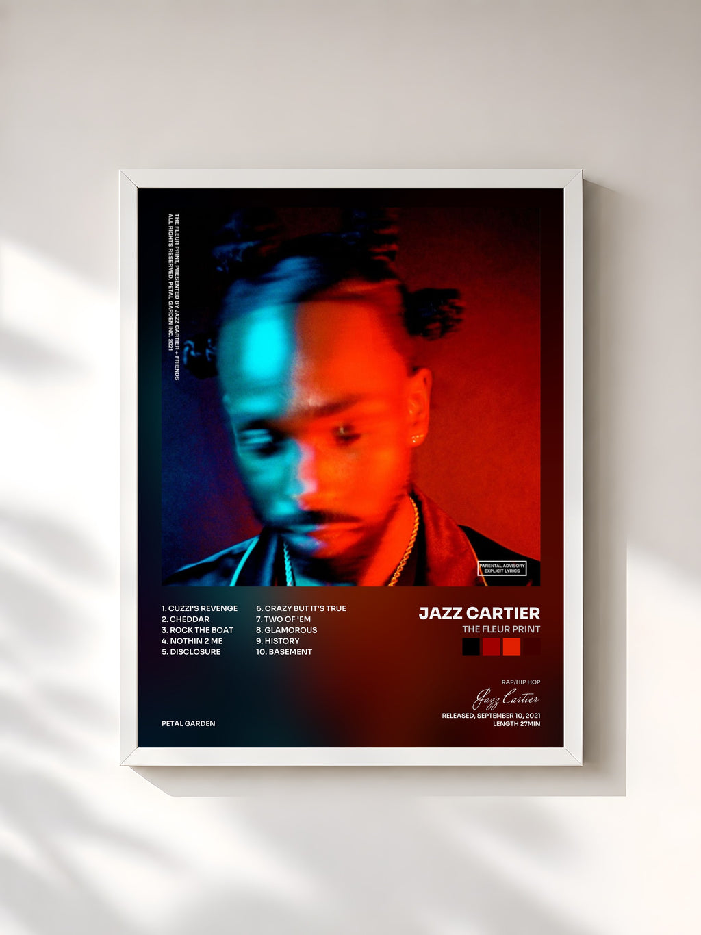 #blanc Tableau de l'album The Fleur Print de Jazz Cartier, cadre blanc, imprimé et encadré en France