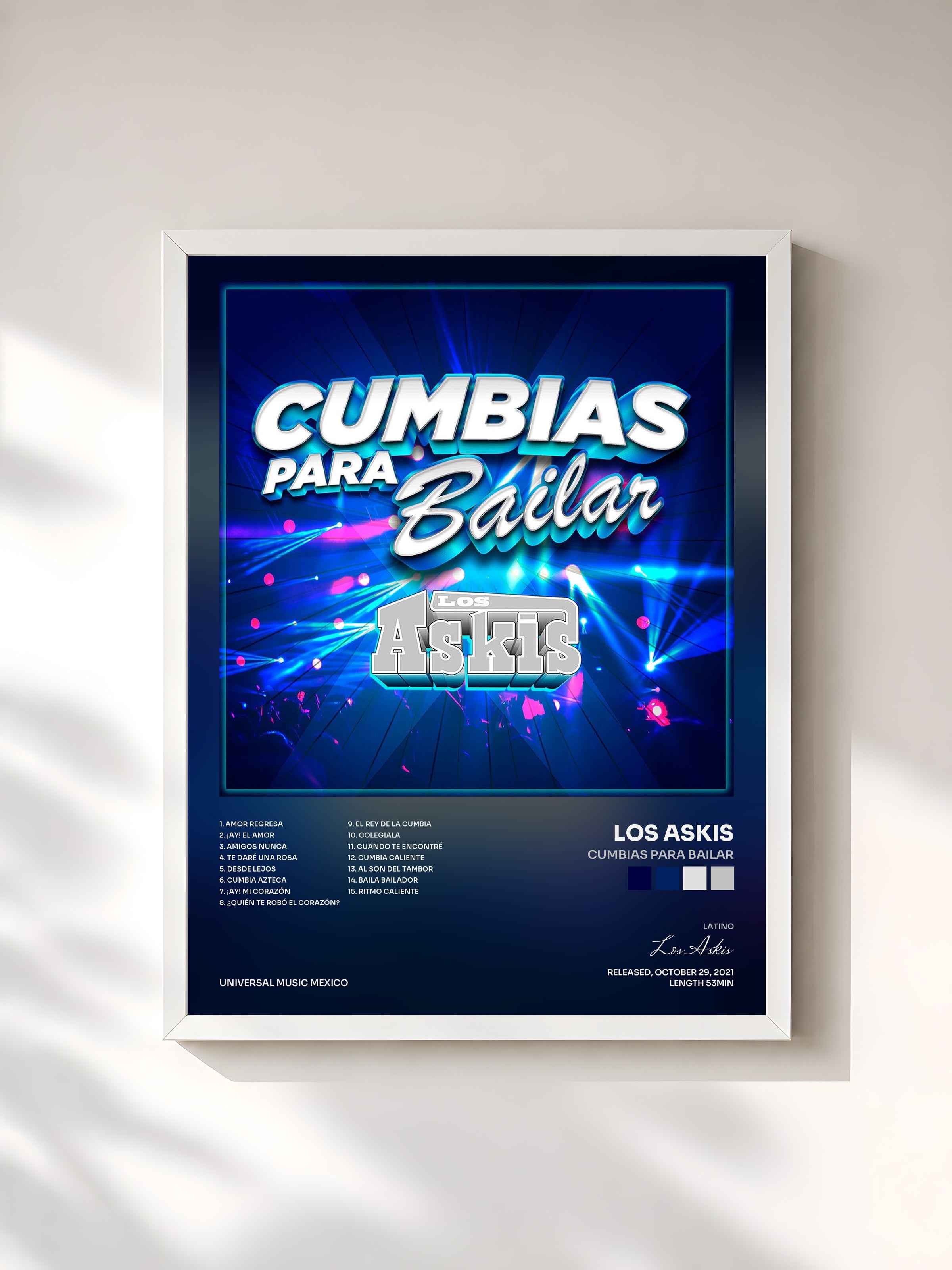 #blanc Tableau de l'album Cumbias Para Bailar de Los Askis, cadre blanc, imprimé et encadré en France