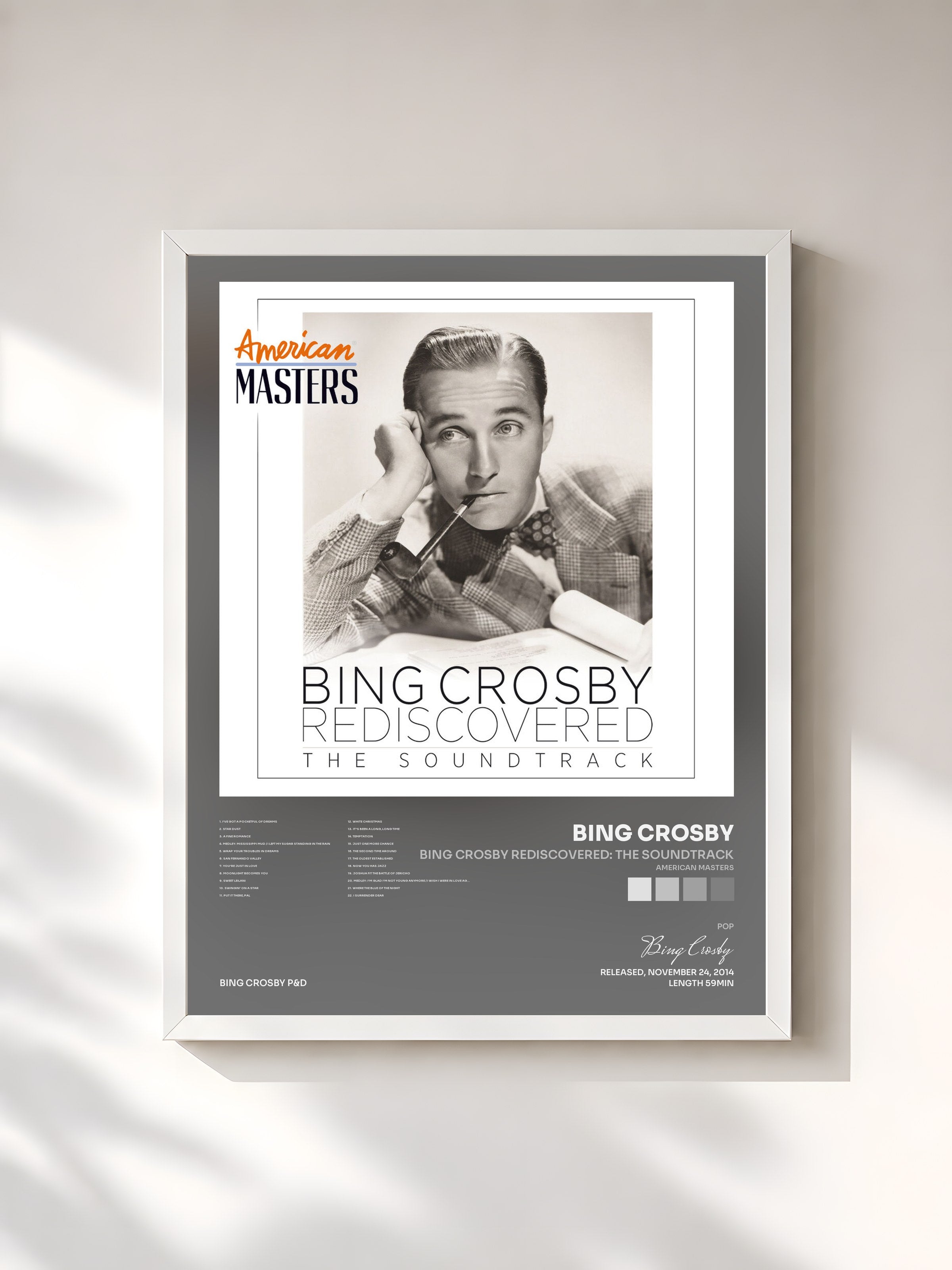 #blanc Tableau de l'album Bing Crosby Rediscovered: The Soundtrack (American Masters) de Bing Crosby, cadre blanc, imprimé et encadré en France