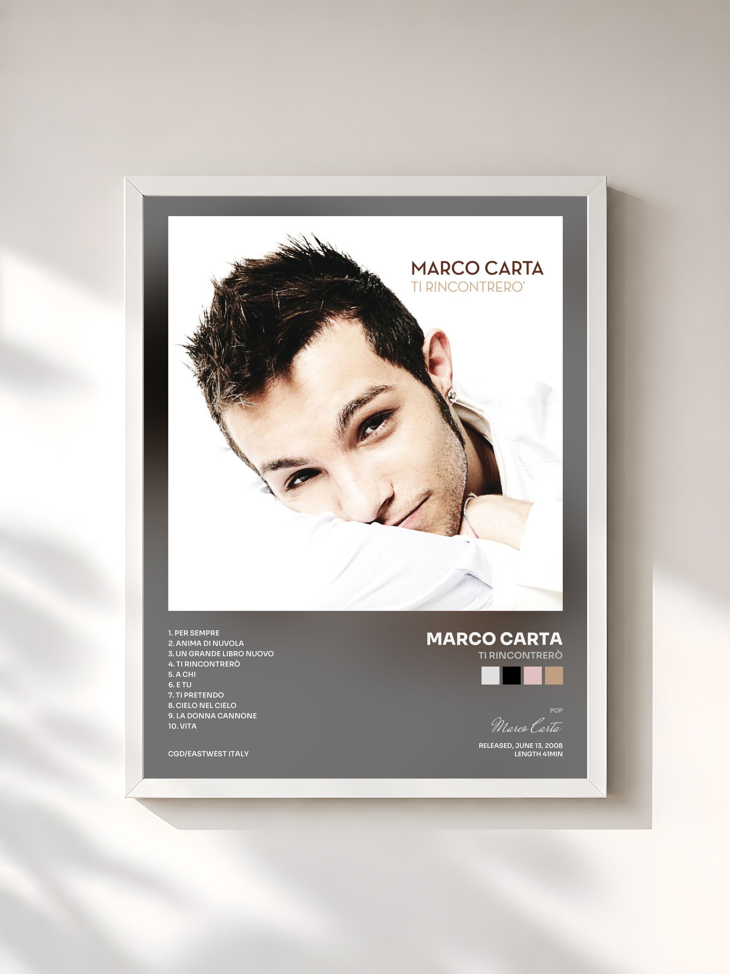 #blanc Tableau de l'album Ti rincontrerò de Marco Carta, cadre blanc, imprimé et encadré en France