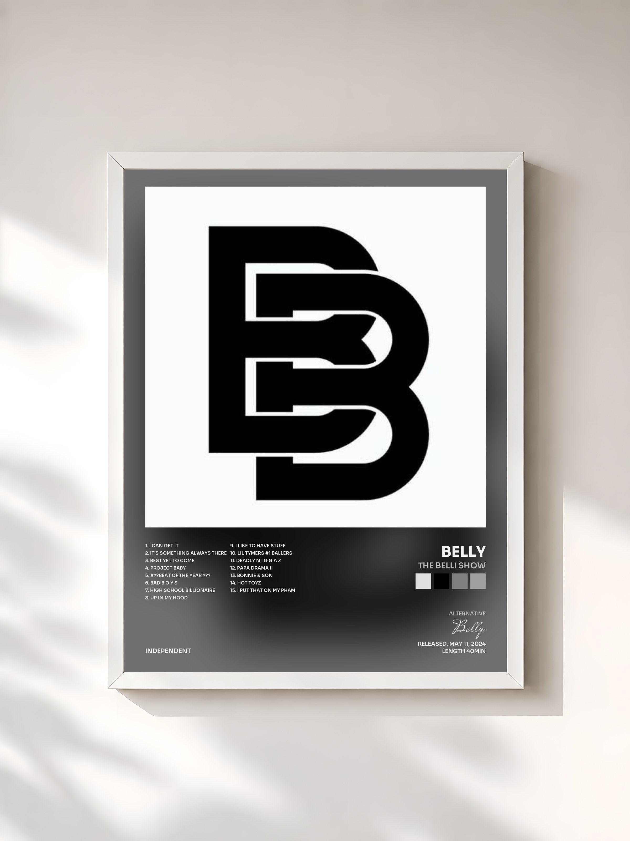 #blanc Tableau de l'album The Belli Show de Belly, cadre blanc, imprimé et encadré en France
