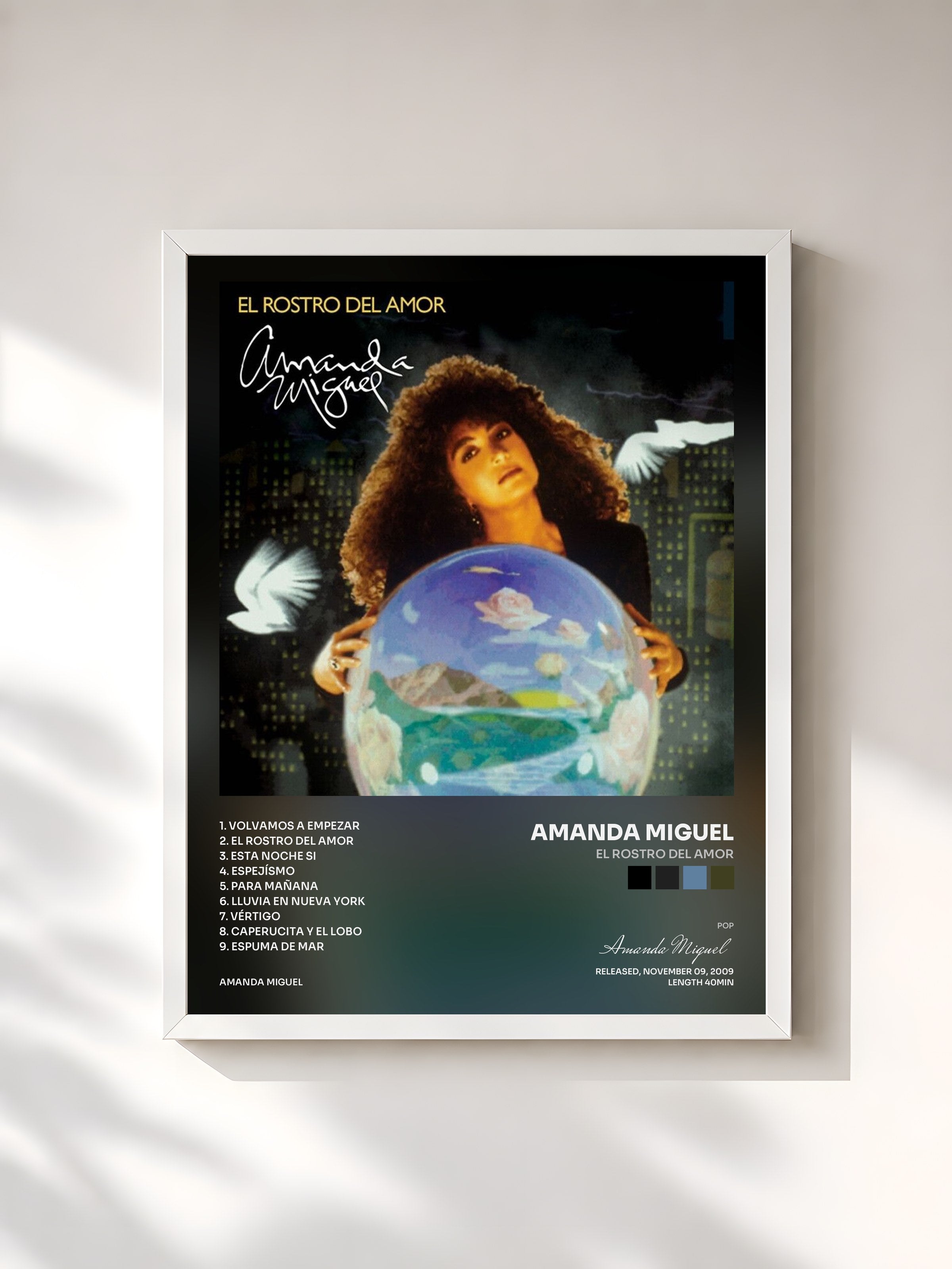 #blanc Tableau de l'album El Rostro Del Amor de Amanda Miguel, cadre blanc, imprimé et encadré en France