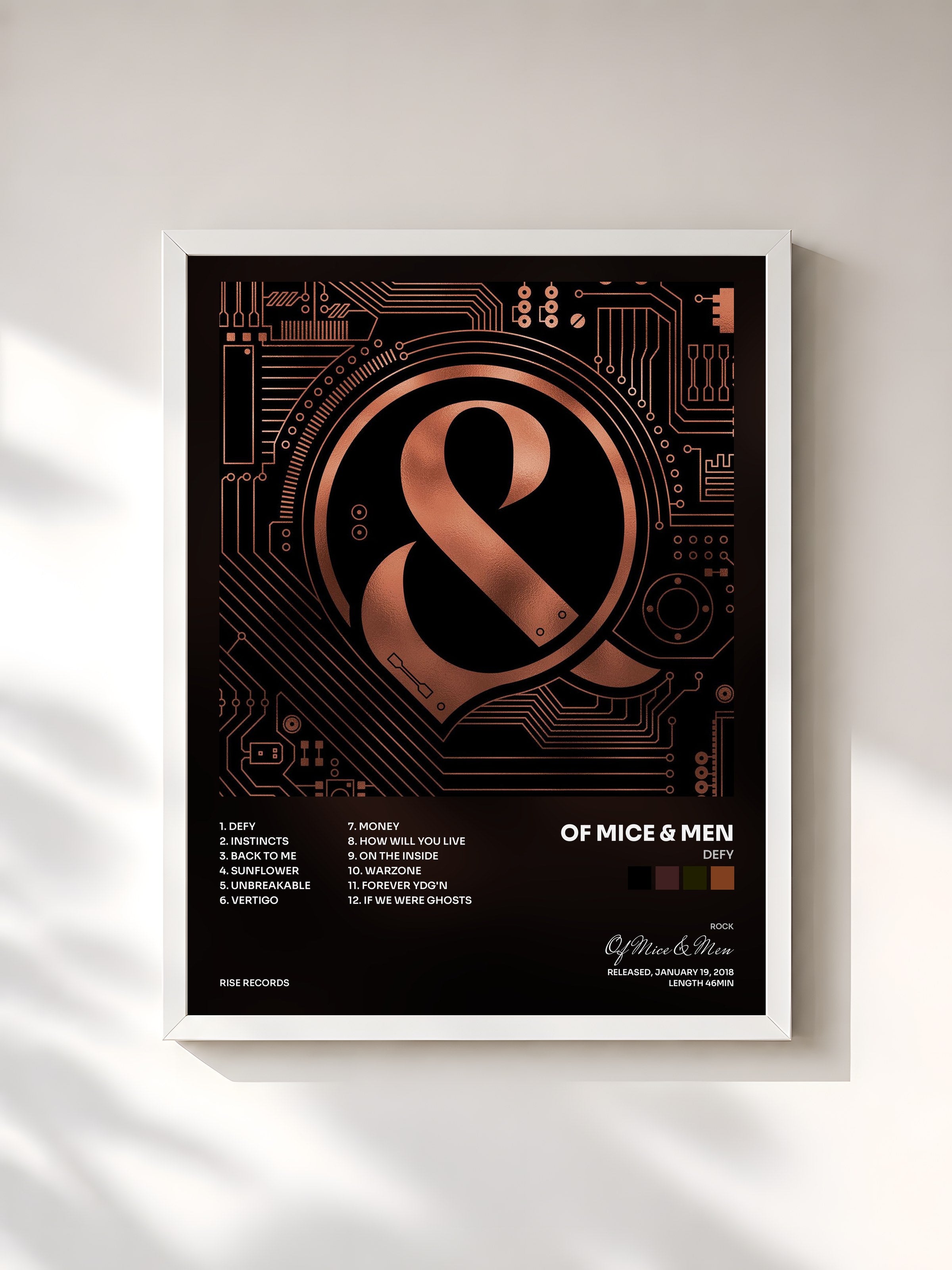 #blanc Tableau de l'album Defy de Of Mice & Men, cadre blanc, imprimé et encadré en France