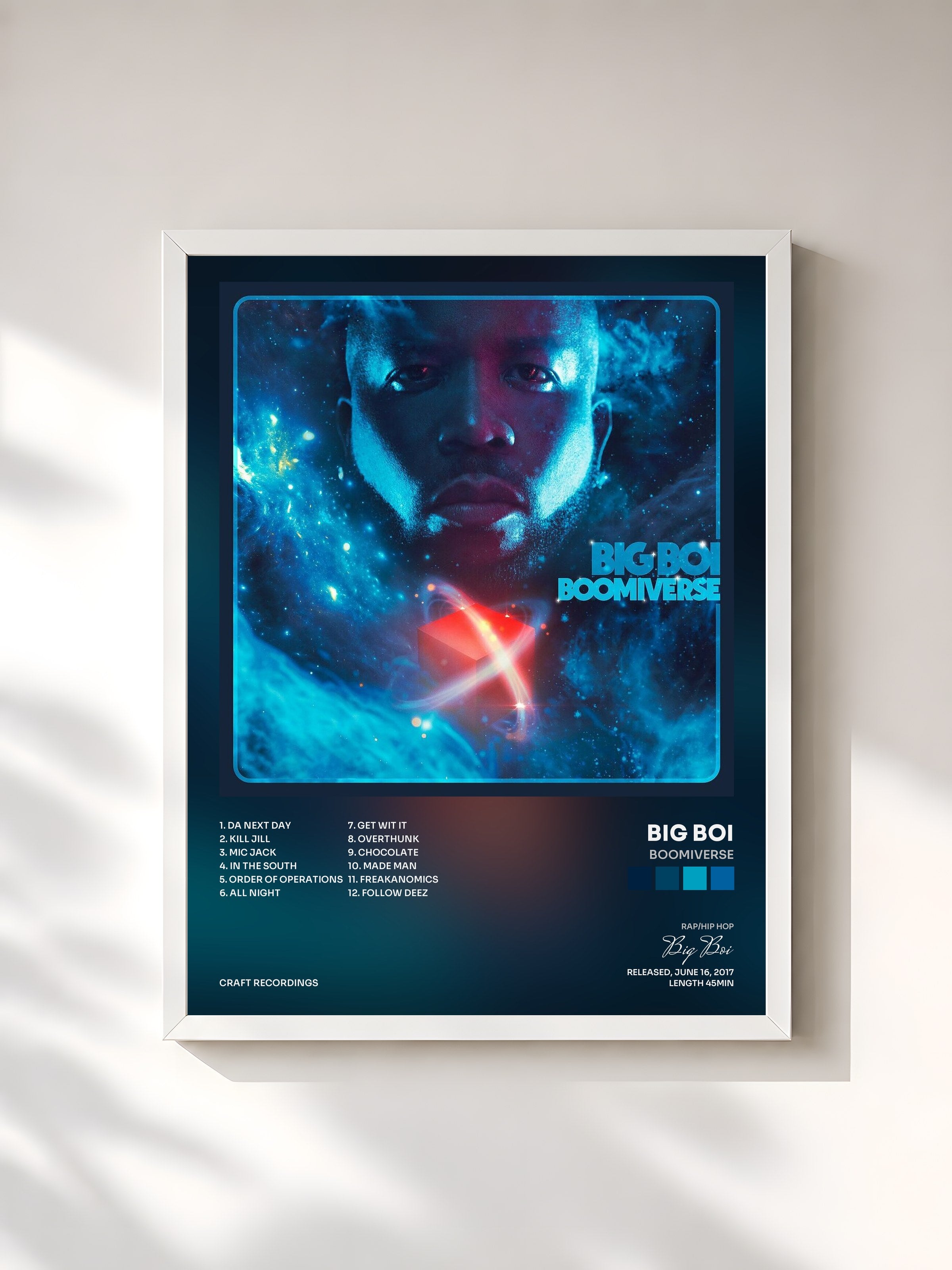 #blanc Tableau de l'album BOOMIVERSE de Big Boi, cadre blanc, imprimé et encadré en France