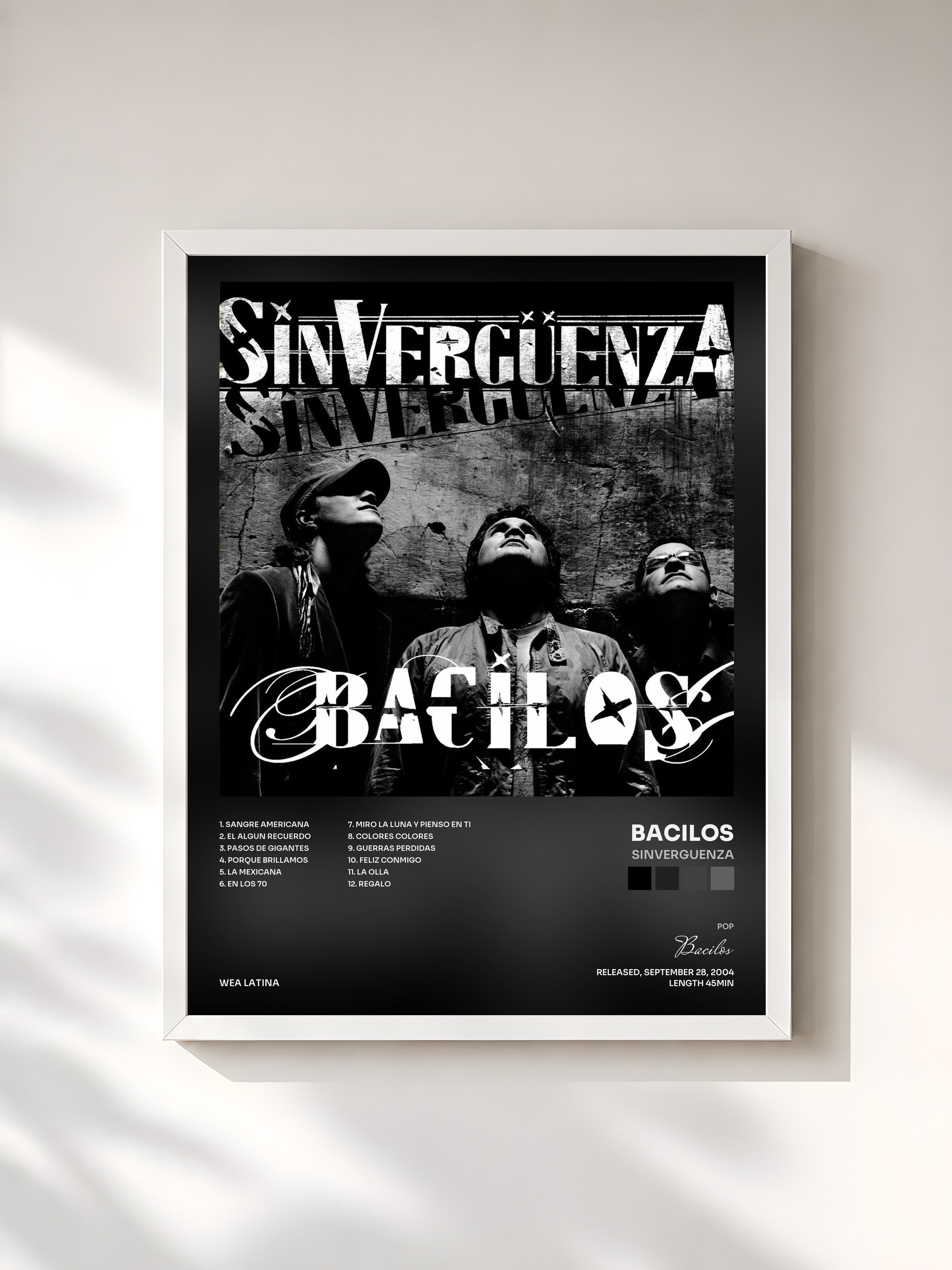 #blanc Tableau de l'album Sinverguenza de Bacilos, cadre blanc, imprimé et encadré en France
