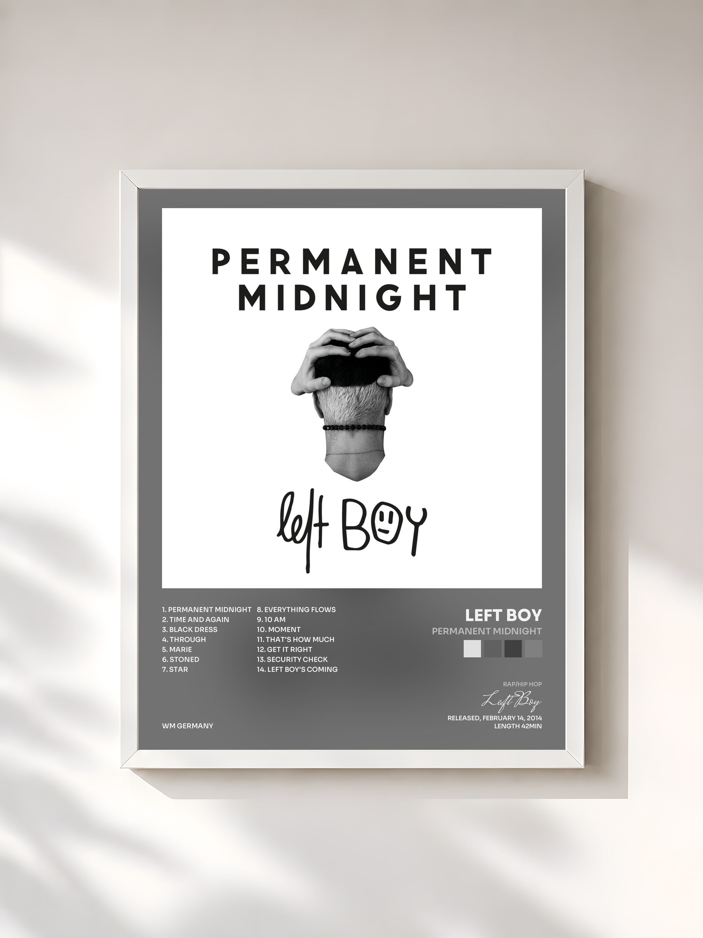 #blanc Tableau de l'album Permanent Midnight de Left Boy, cadre blanc, imprimé et encadré en France