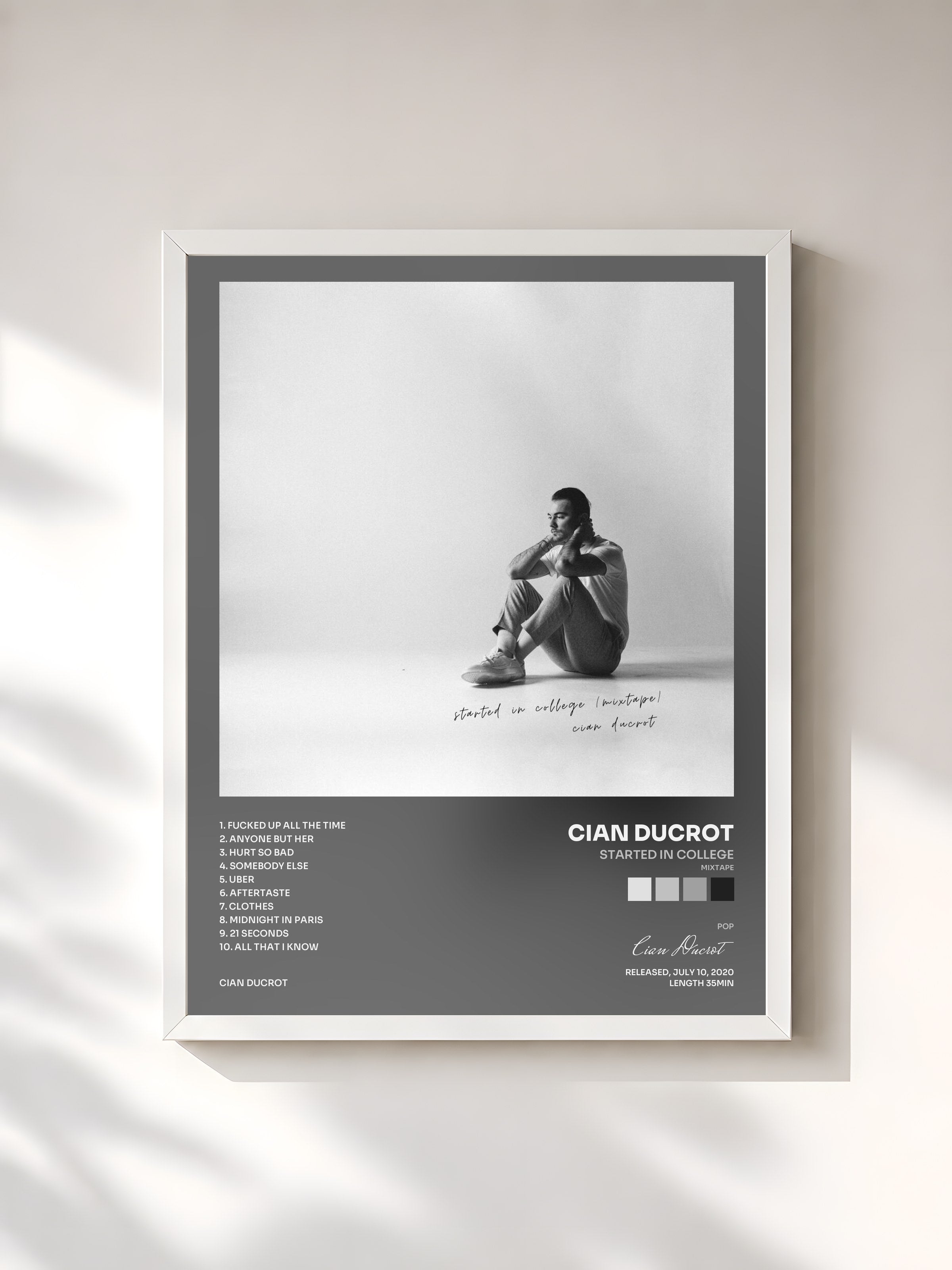 #blanc Tableau de l'album started in college (mixtape) de Cian Ducrot, cadre blanc, imprimé et encadré en France