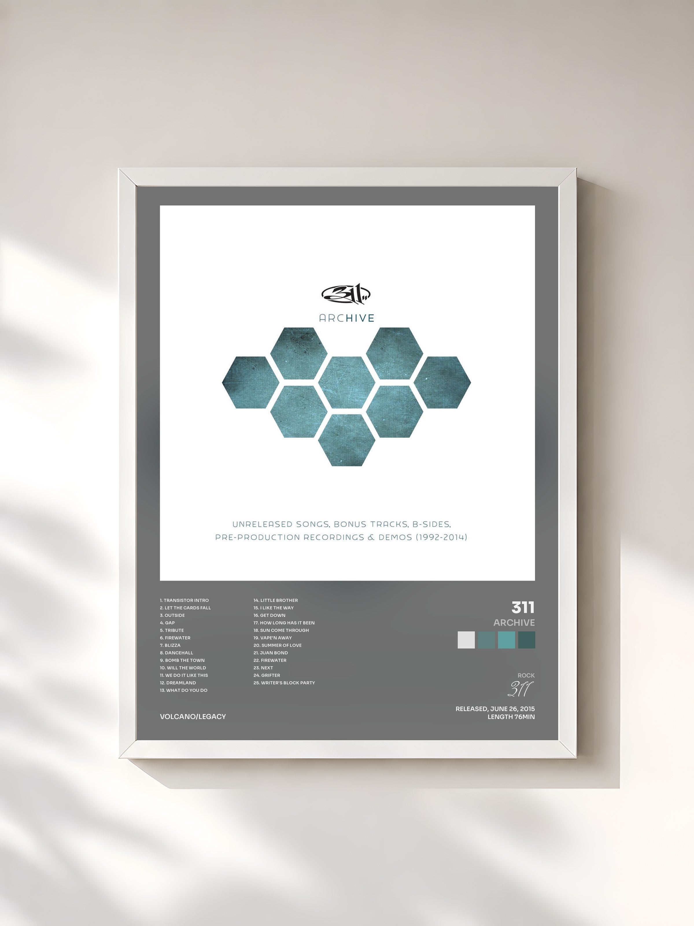 #blanc Tableau de l'album ARCHIVE de 311, cadre blanc, imprimé et encadré en France