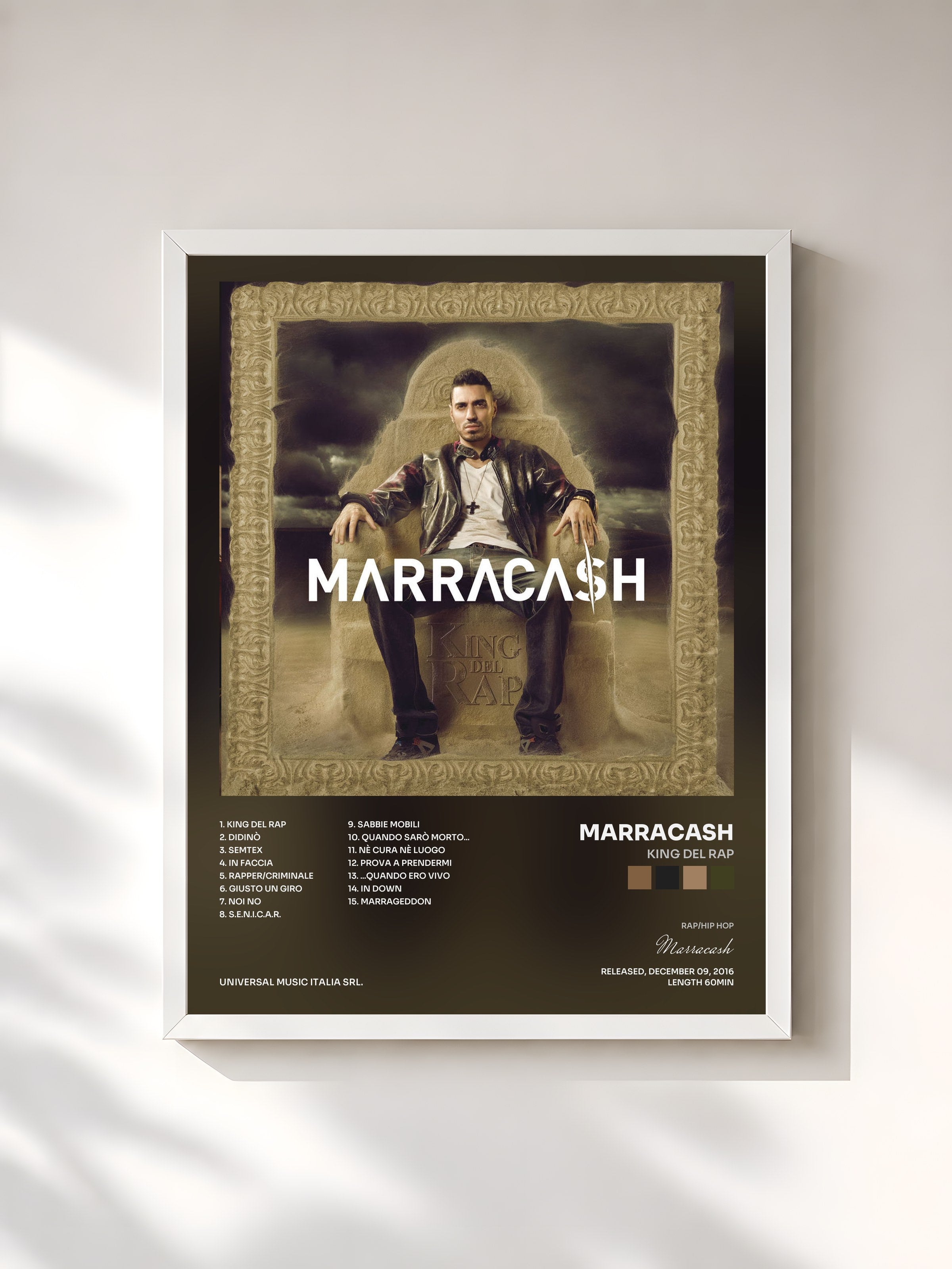 #blanc Tableau de l'album King Del Rap de Marracash, cadre blanc, imprimé et encadré en France
