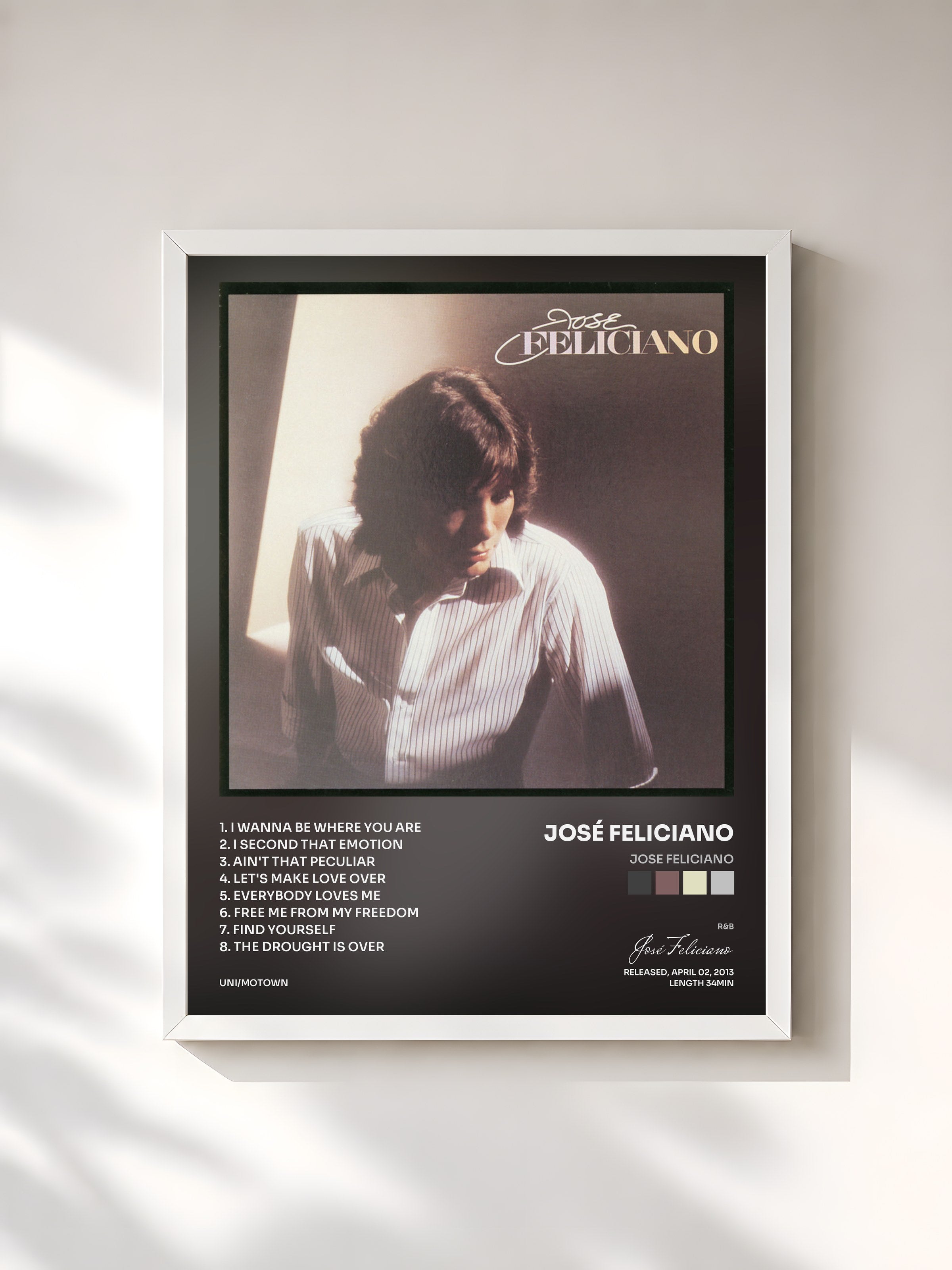 #blanc Tableau de l'album Jose Feliciano de José Feliciano, cadre blanc, imprimé et encadré en France