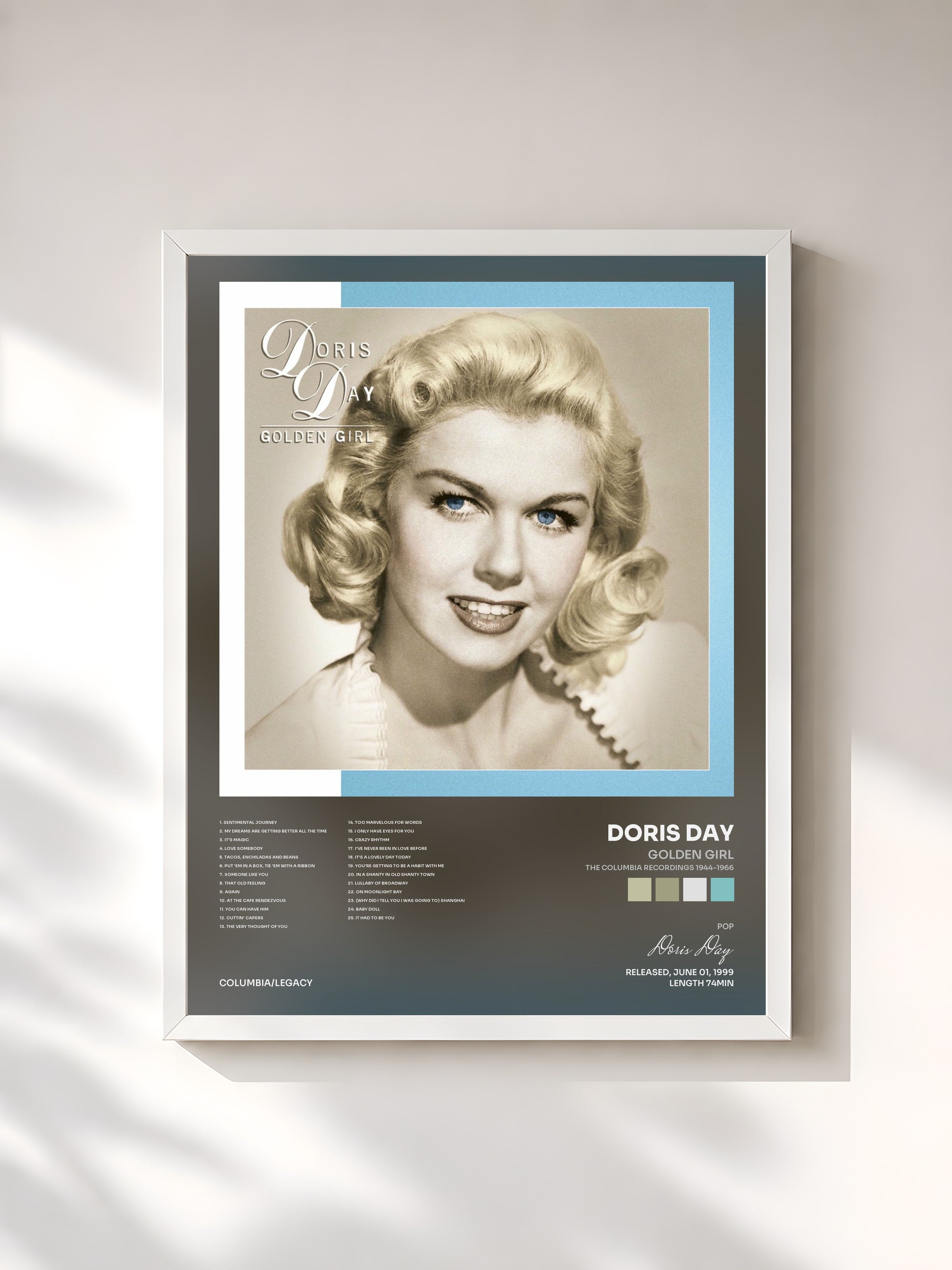 #blanc Tableau de l'album Golden Girl (The Columbia Recordings 1944-1966) de Doris Day, cadre blanc, imprimé et encadré en France