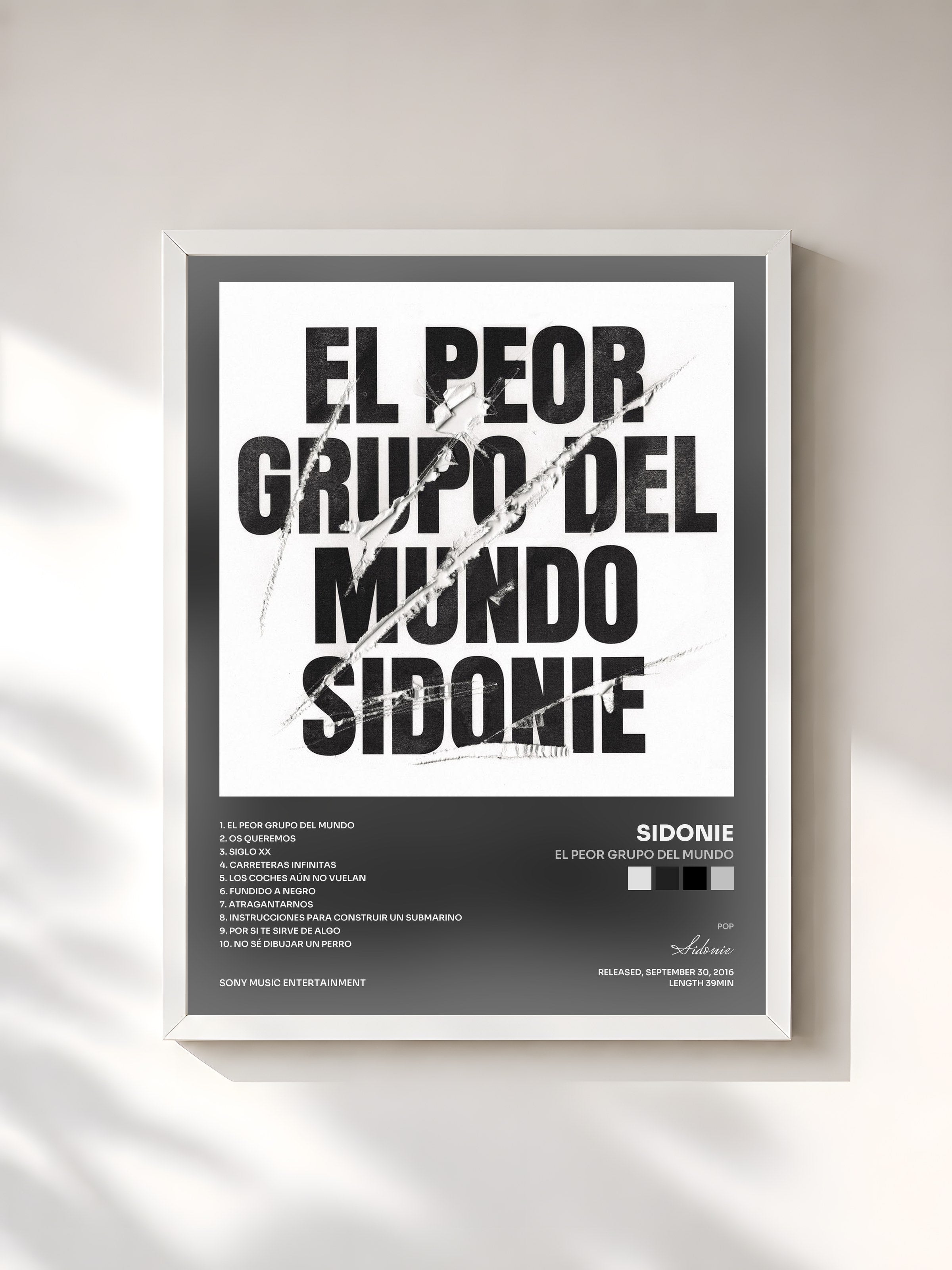 #blanc Tableau de l'album El Peor Grupo del Mundo de Sidonie, cadre blanc, imprimé et encadré en France