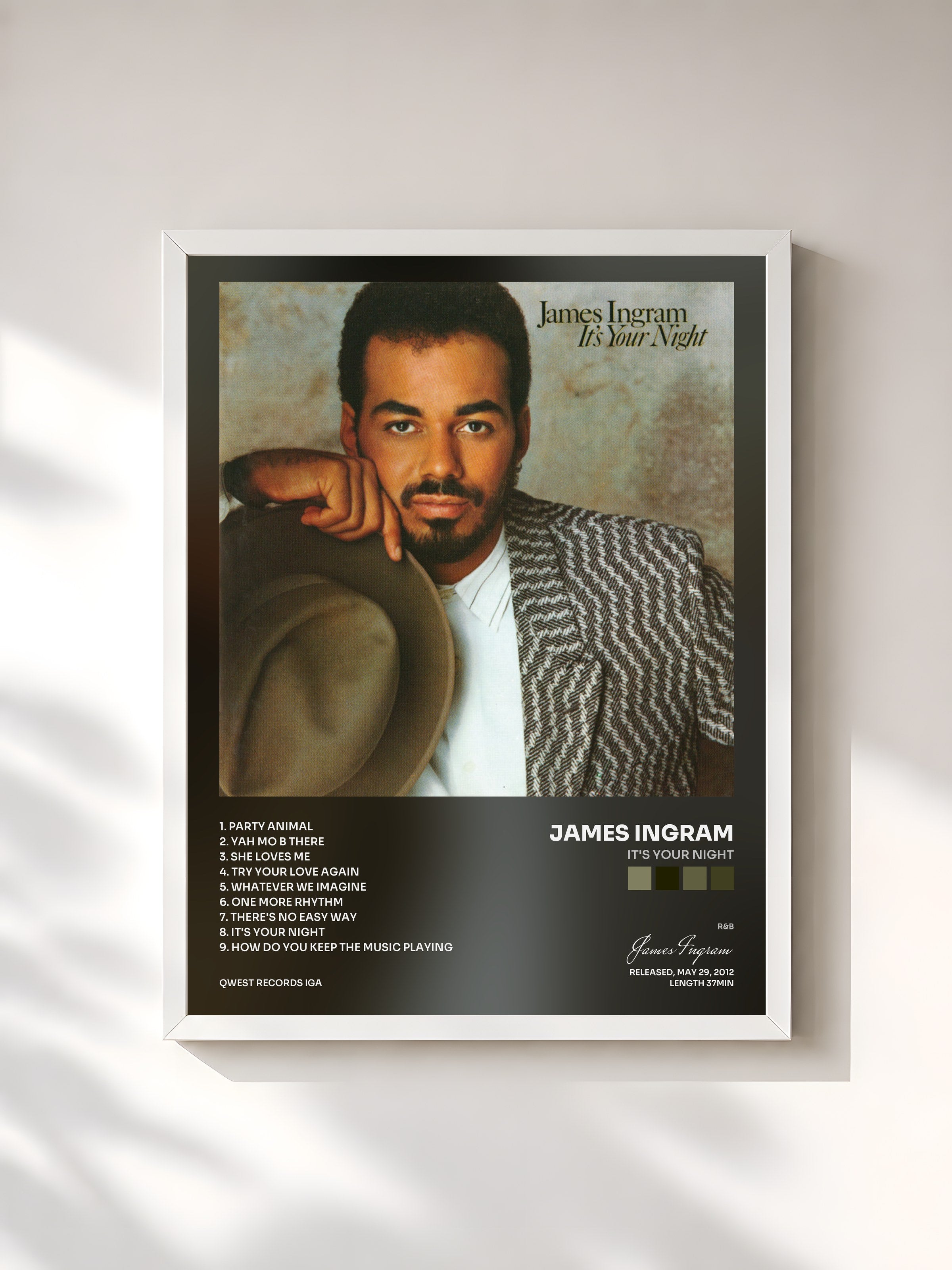 #blanc Tableau de l'album It's Your Night de James Ingram, cadre blanc, imprimé et encadré en France