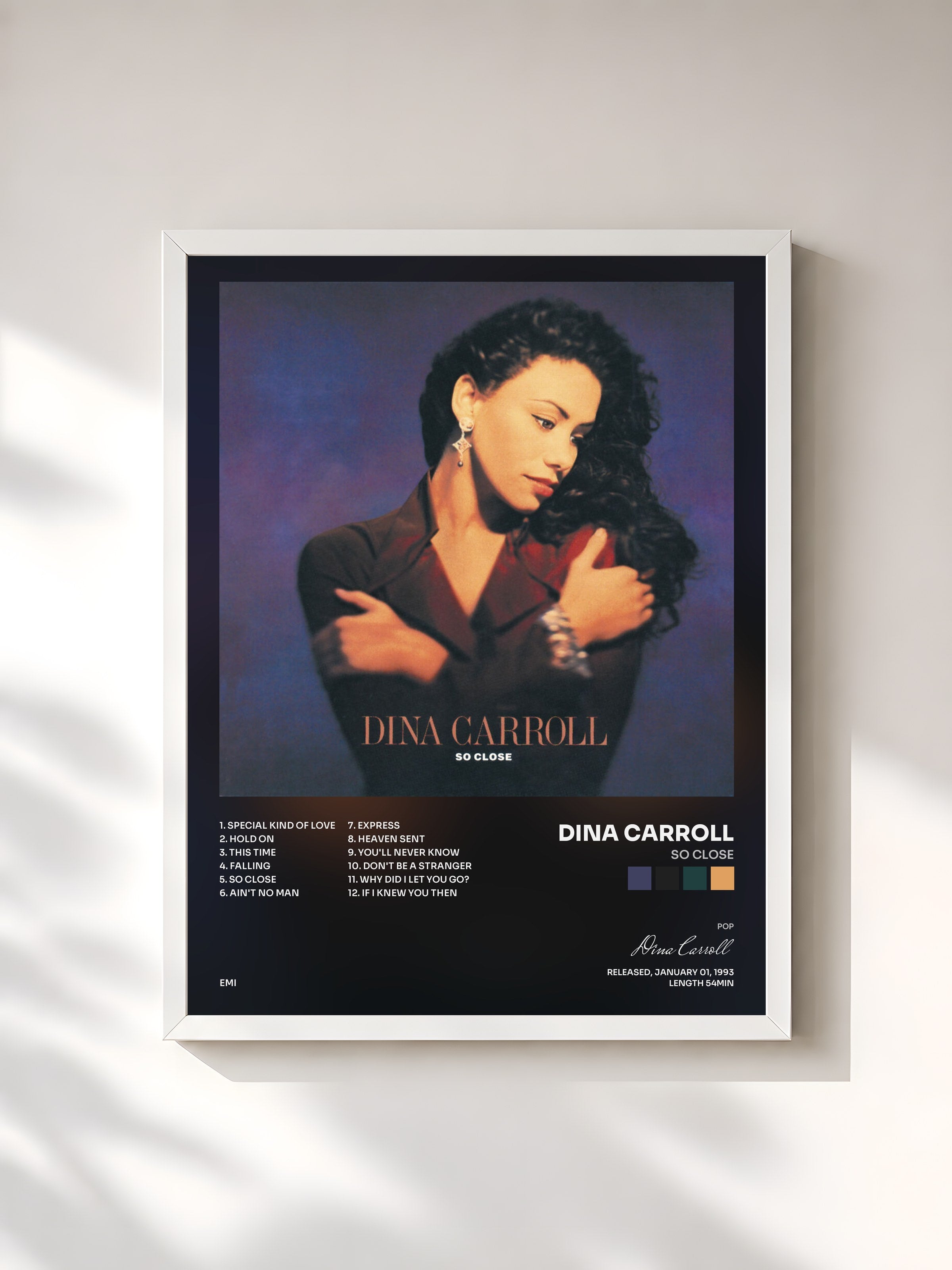#blanc Tableau de l'album So Close de Dina Carroll, cadre blanc, imprimé et encadré en France