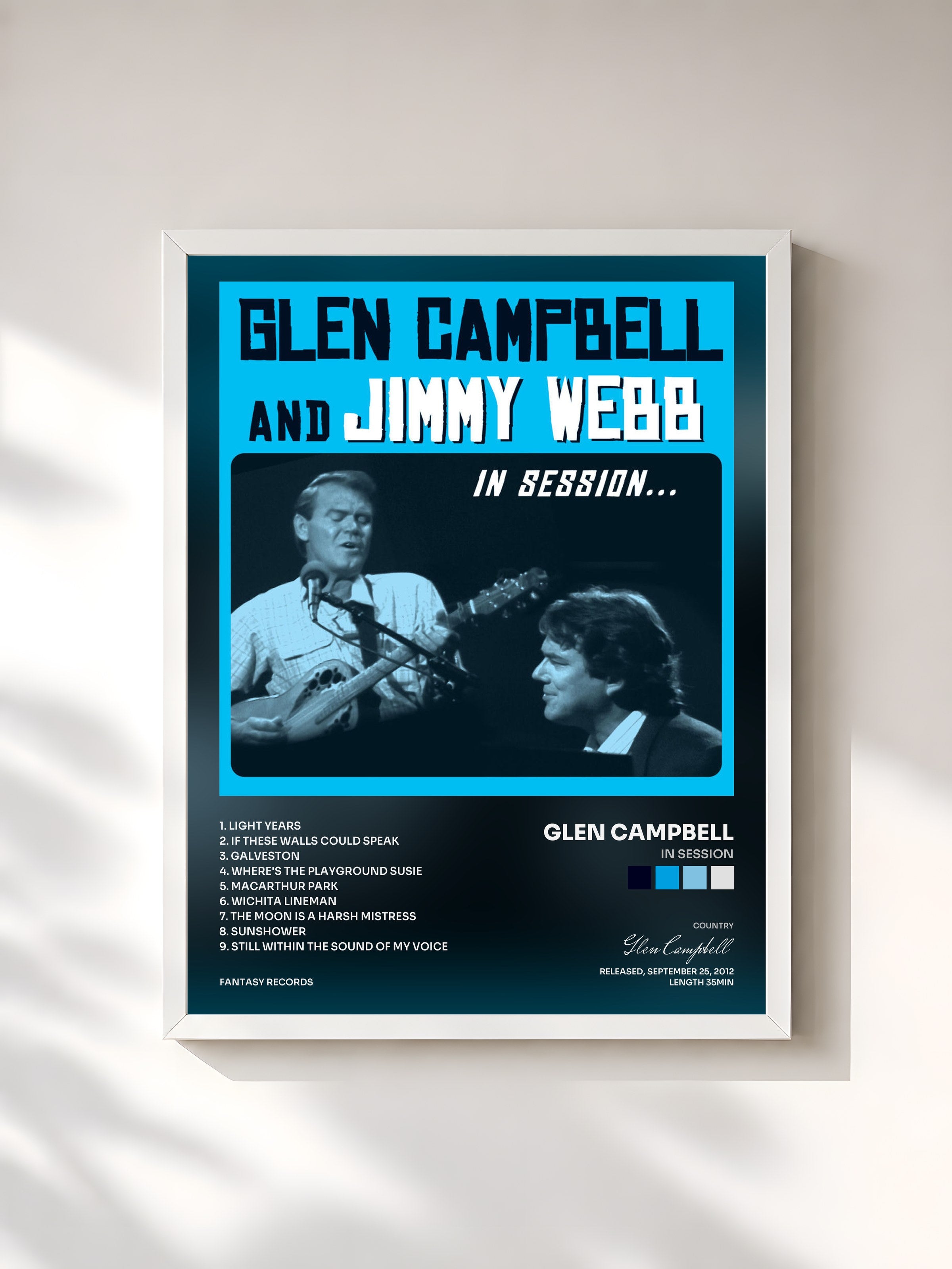 #blanc Tableau de l'album In Session de Glen Campbell, cadre blanc, imprimé et encadré en France