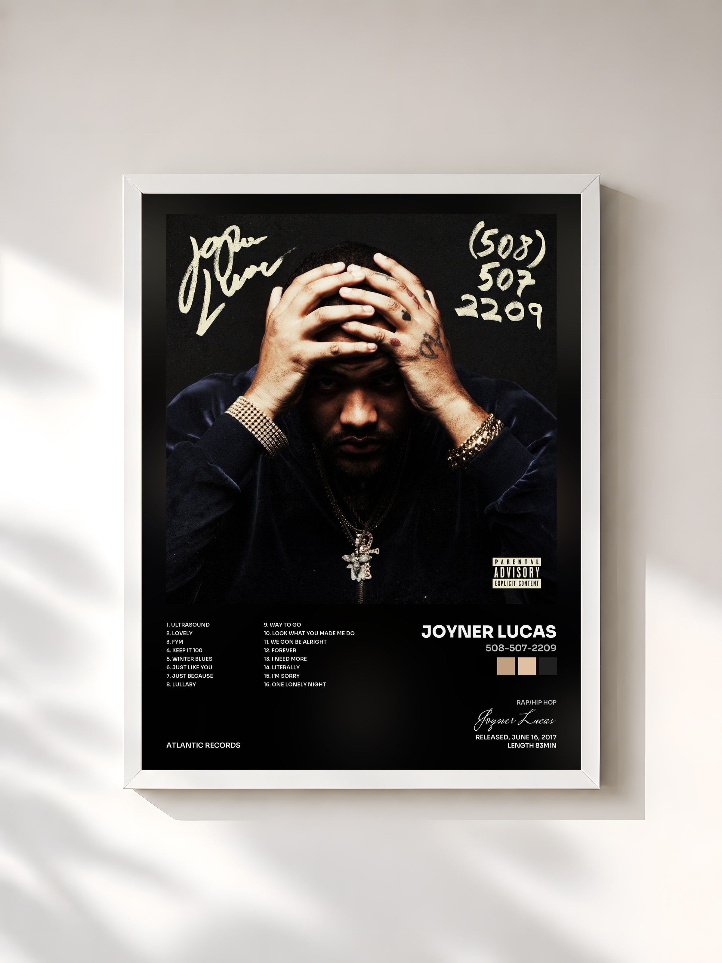 #blanc Tableau de l'album 508-507-2209 de Joyner Lucas, cadre blanc, imprimé et encadré en France