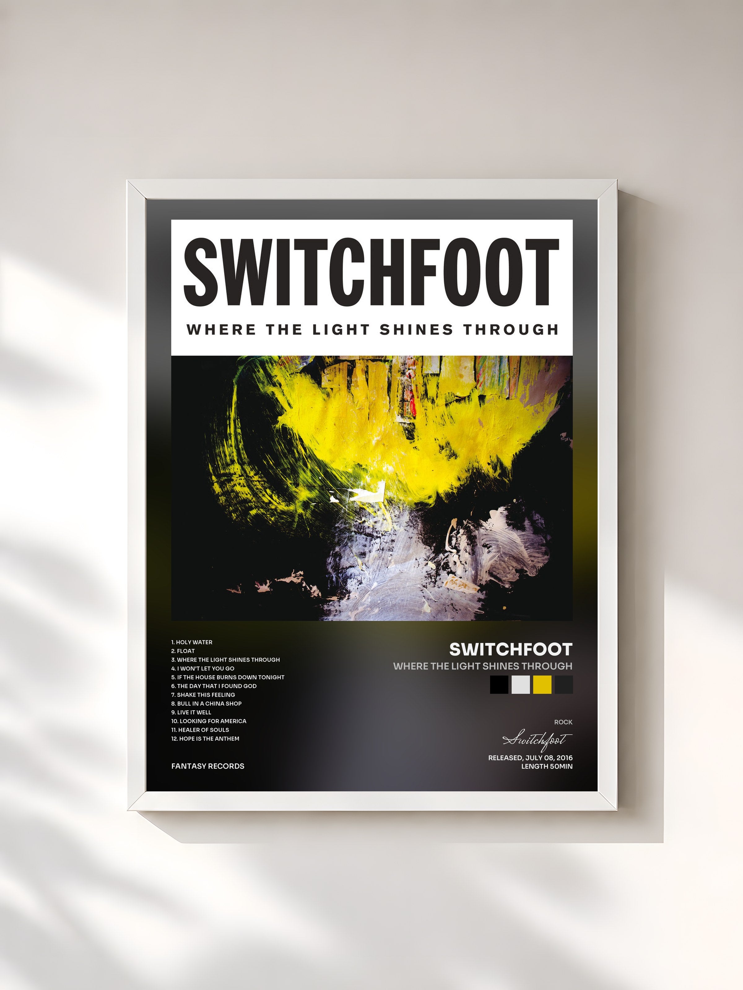 #blanc Tableau de l'album Where The Light Shines Through de Switchfoot, cadre blanc, imprimé et encadré en France
