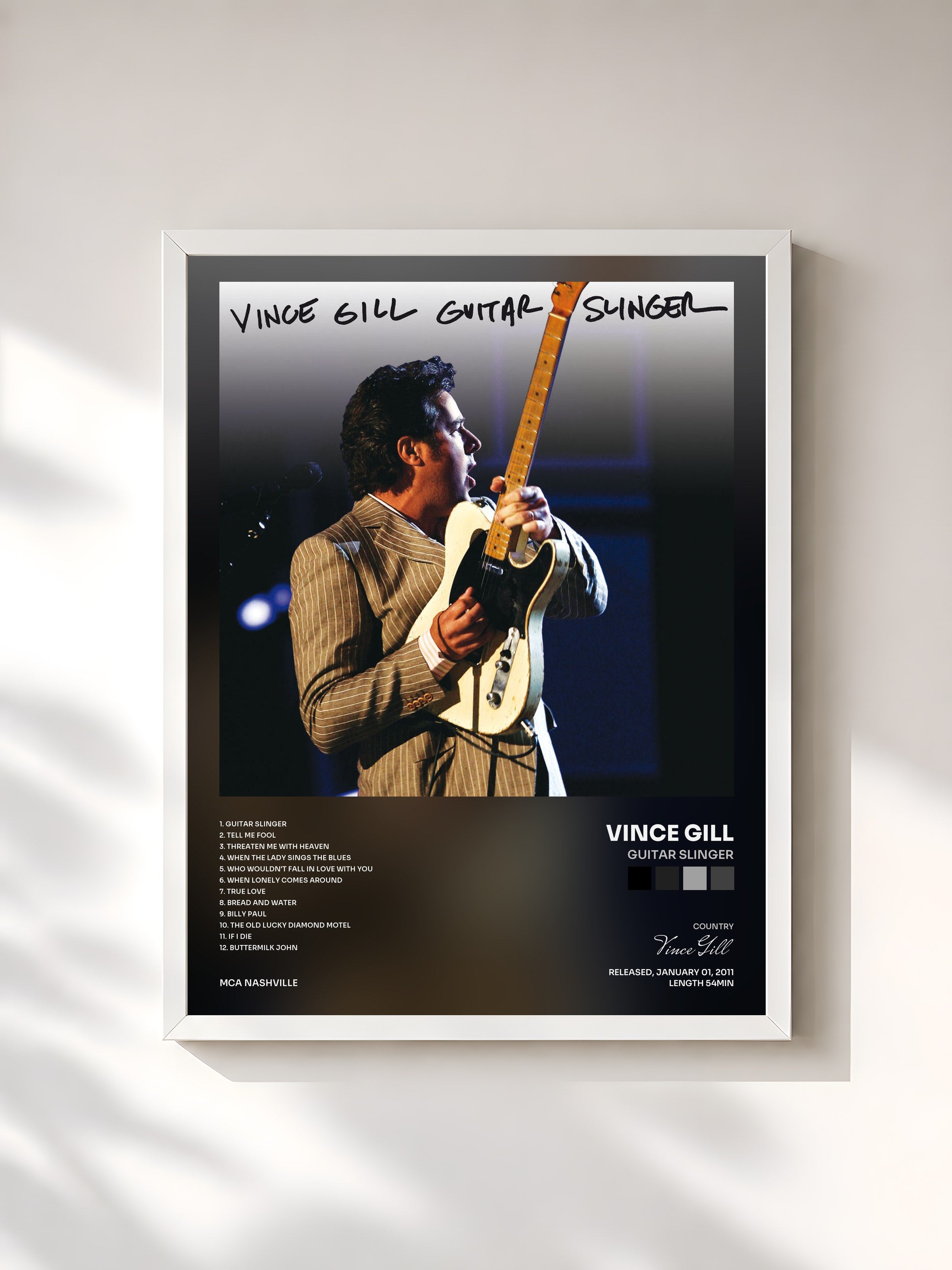 #blanc Tableau de l'album Guitar Slinger de Vince Gill, cadre blanc, imprimé et encadré en France