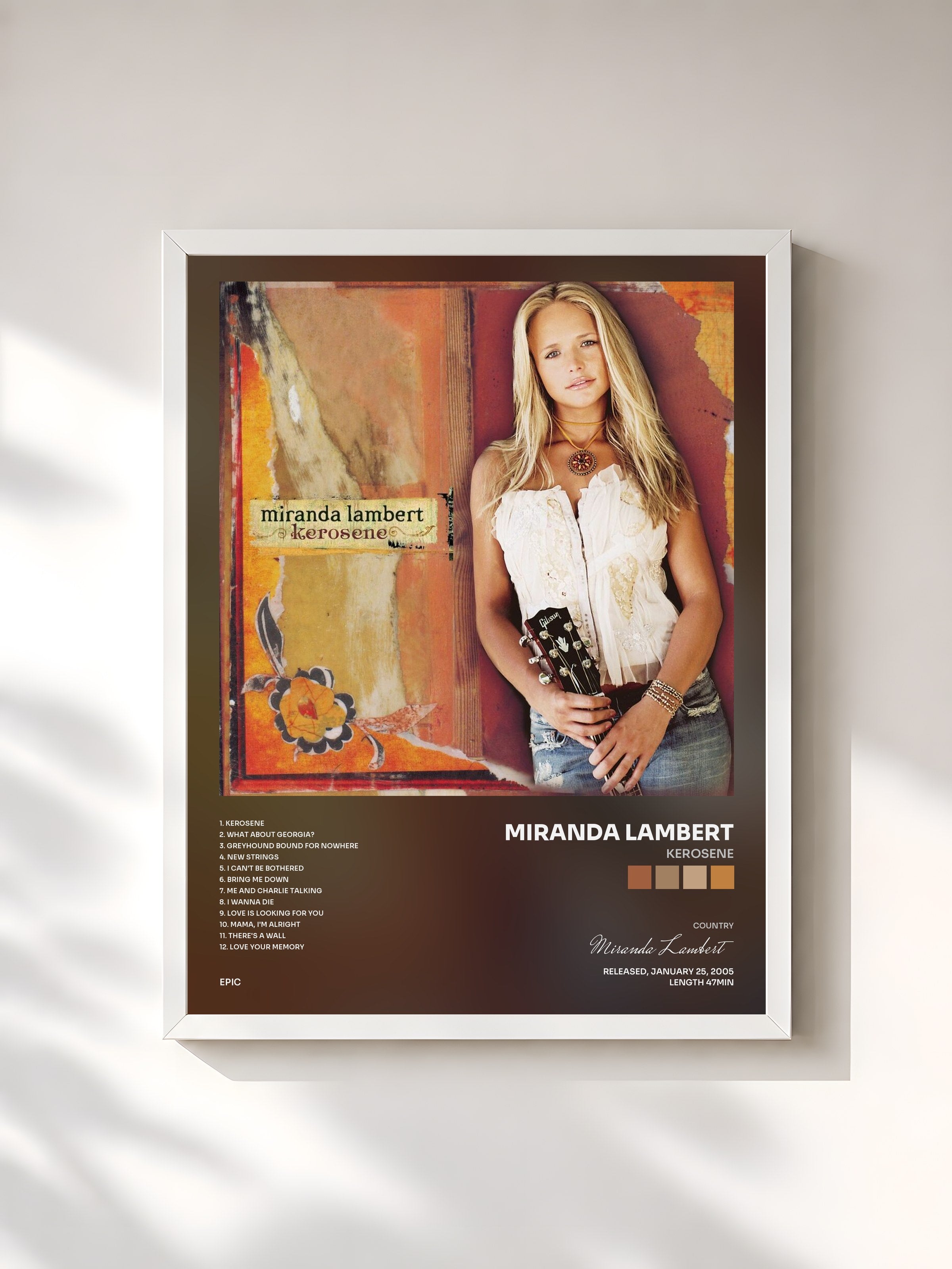 #blanc Tableau de l'album Kerosene de Miranda Lambert, cadre blanc, imprimé et encadré en France