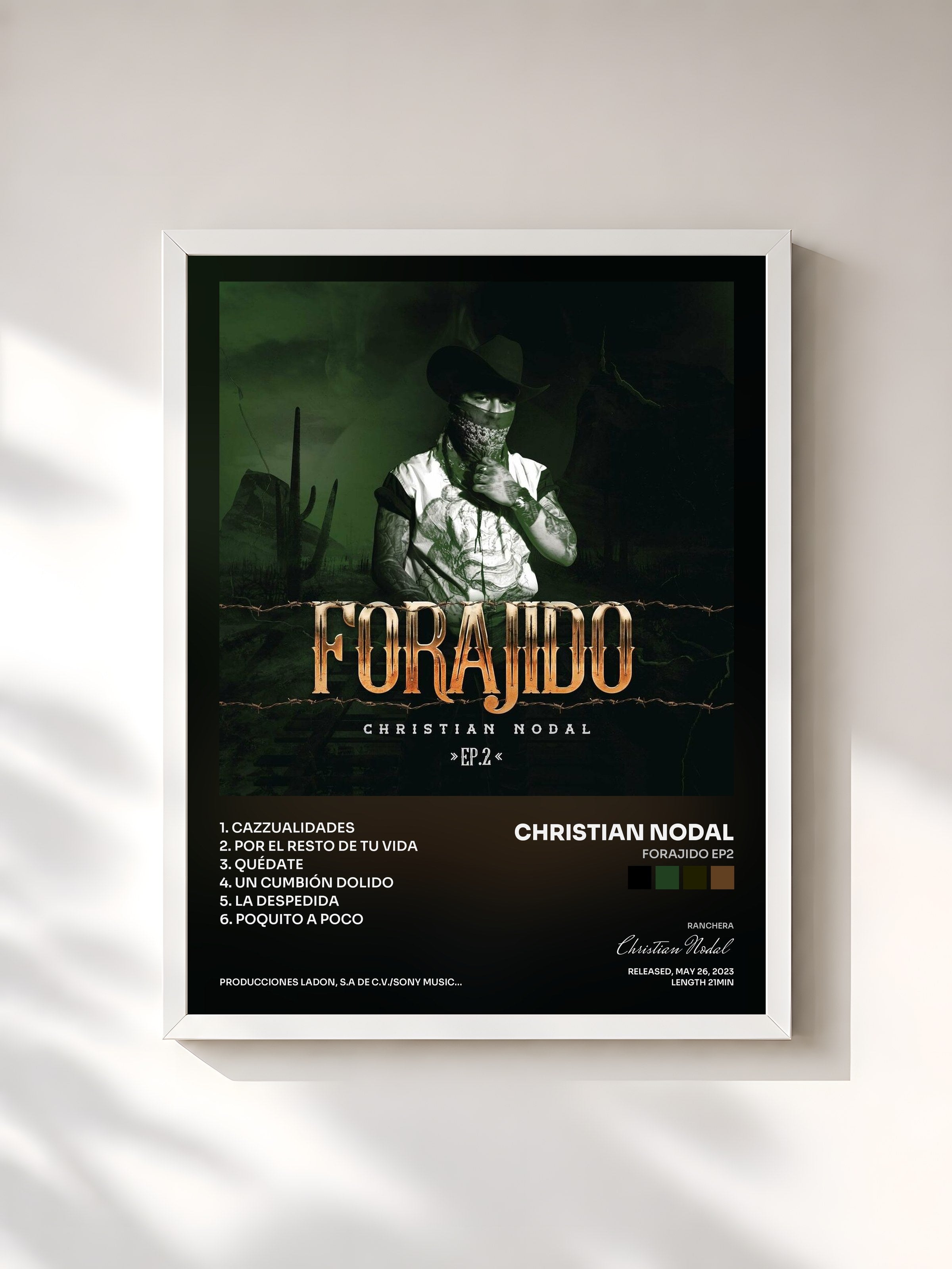 #blanc Tableau de l'album Forajido EP2 de Christian Nodal, cadre blanc, imprimé et encadré en France