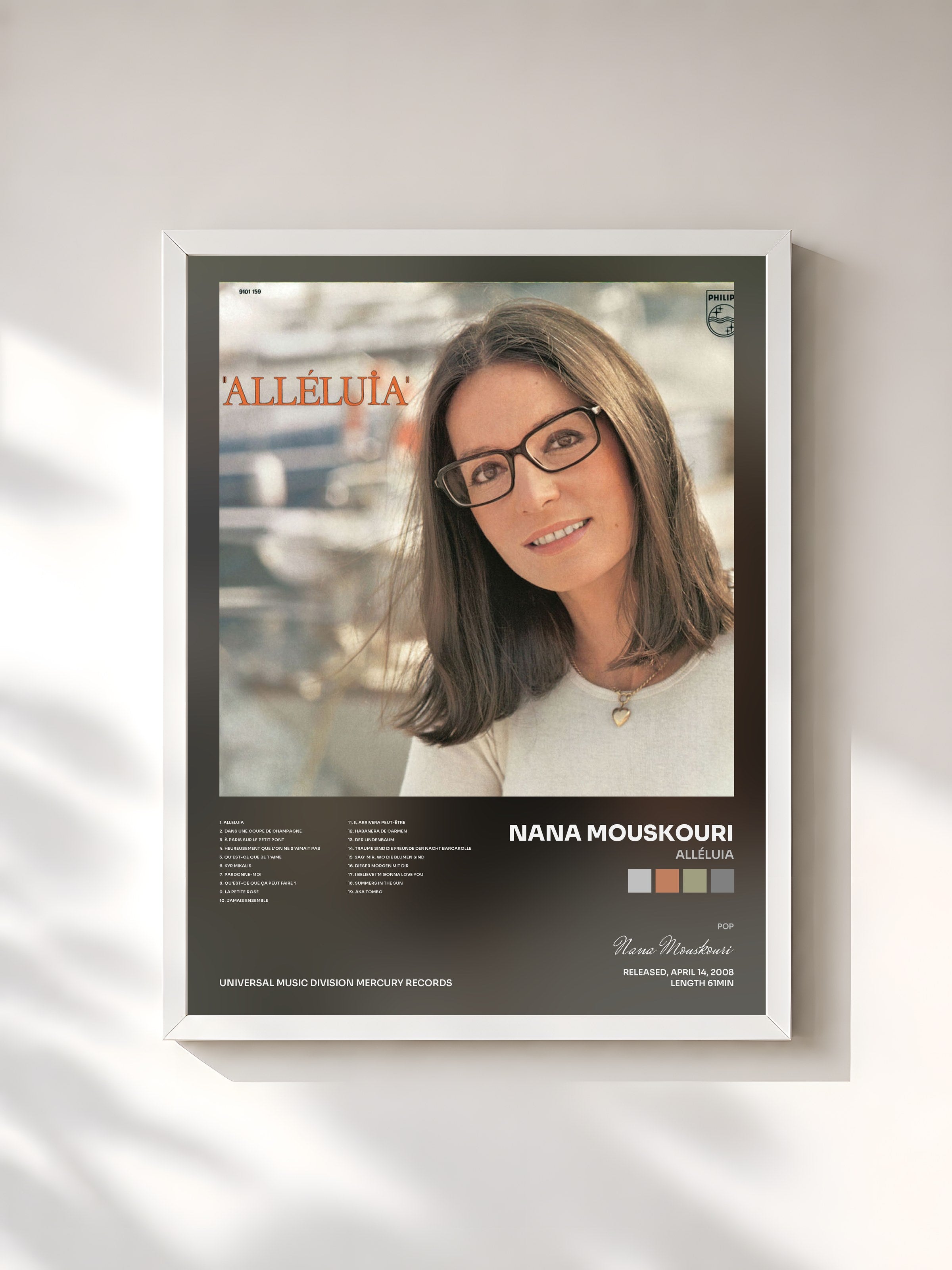 #blanc Tableau de l'album Alléluia de Nana Mouskouri, cadre blanc, imprimé et encadré en France