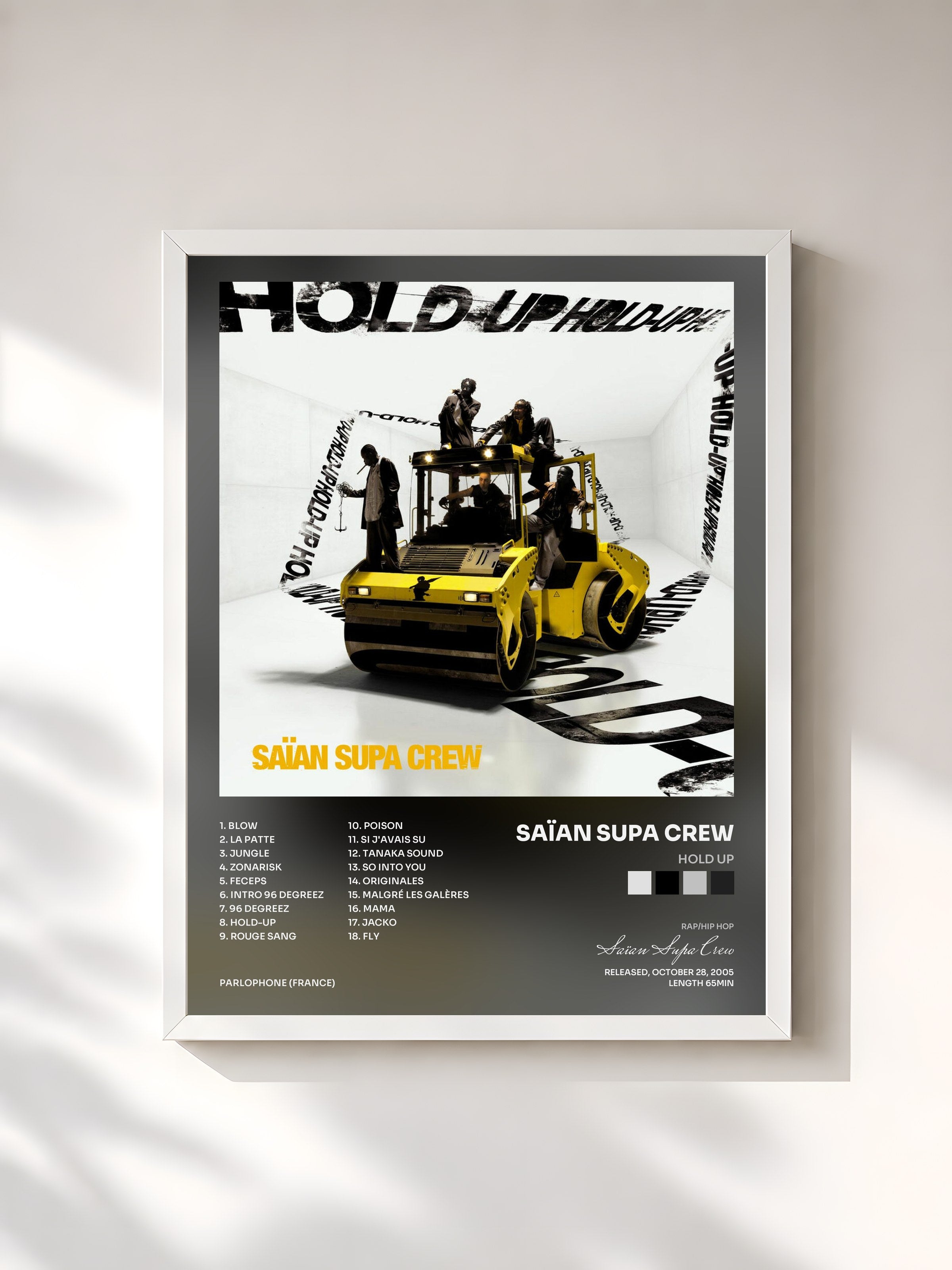#blanc Tableau de l'album Hold Up de Saïan Supa Crew, cadre blanc, imprimé et encadré en France
