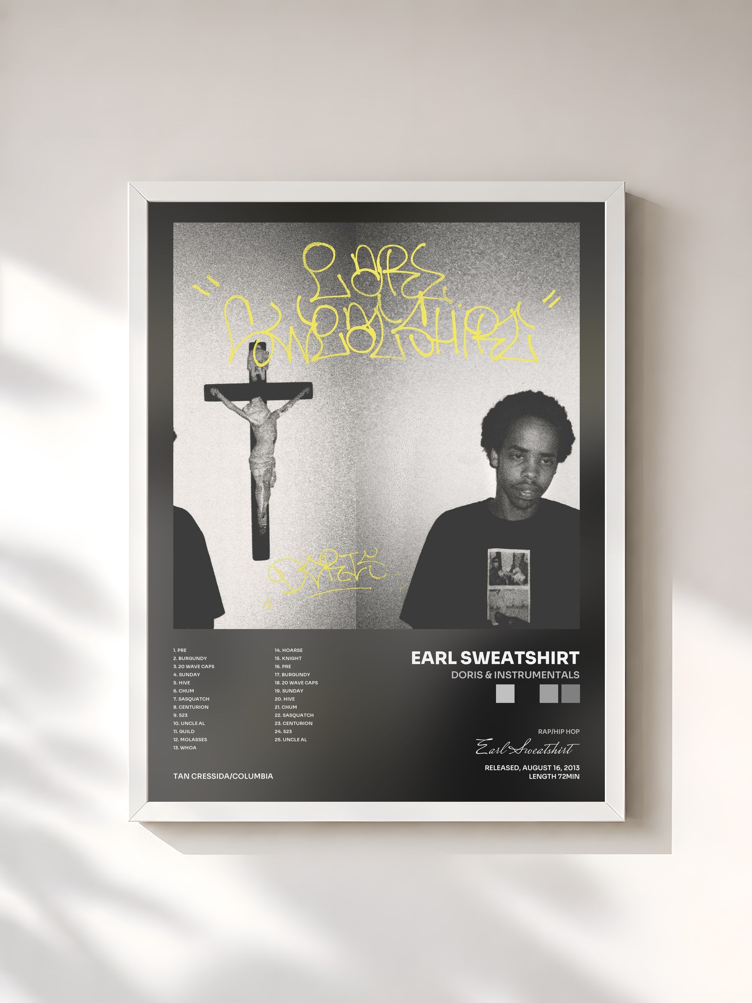#blanc Tableau de l'album Doris & Instrumentals de Earl Sweatshirt, cadre blanc, imprimé et encadré en France