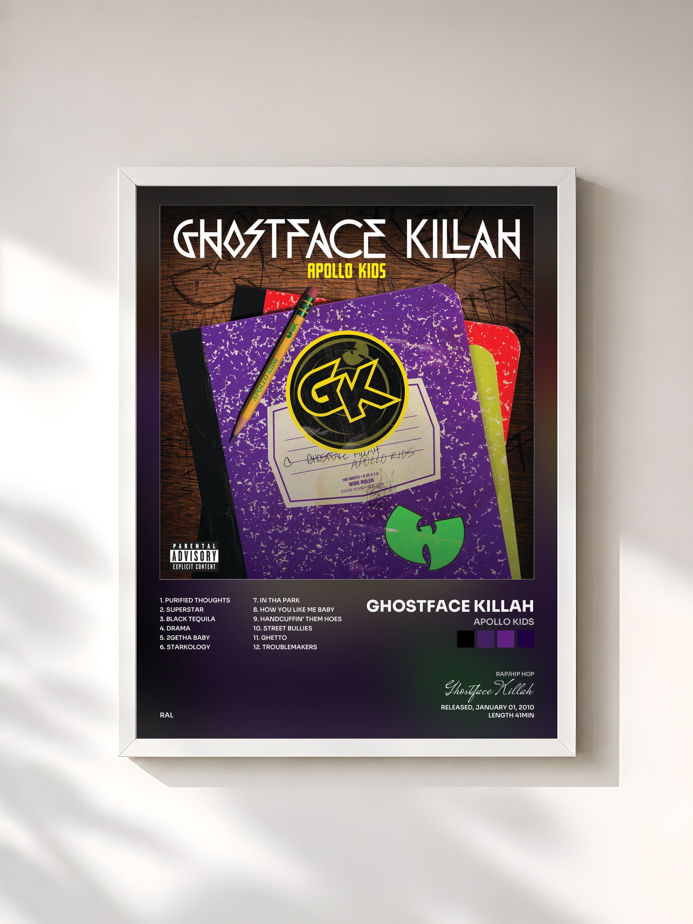 #blanc Tableau de l'album Apollo Kids de Ghostface Killah, cadre blanc, imprimé et encadré en France