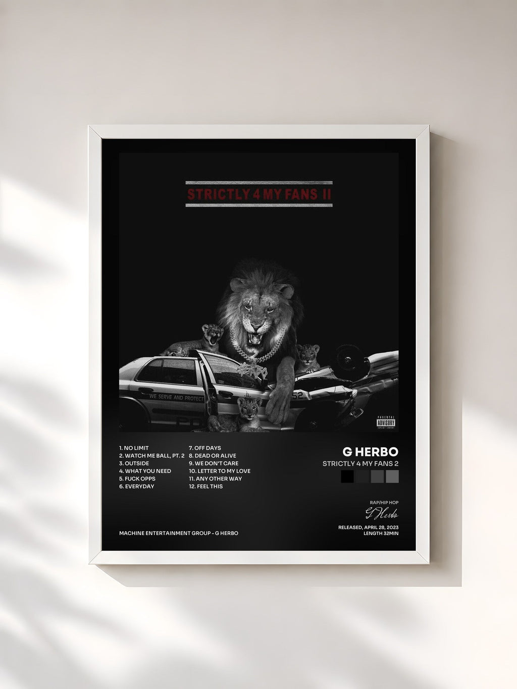 #blanc Tableau de l'album Strictly 4 My Fans 2 de G Herbo, cadre blanc, imprimé et encadré en France