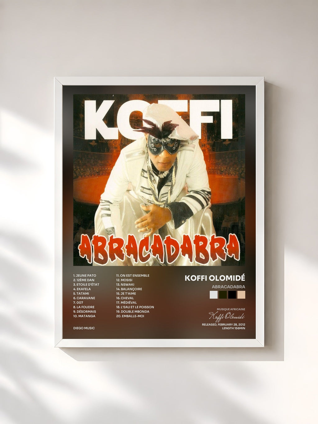 #blanc Abracadabra de Koffi Olomidé en lámina enmarcada, marco blanco, impresa y enmarcada en Francia