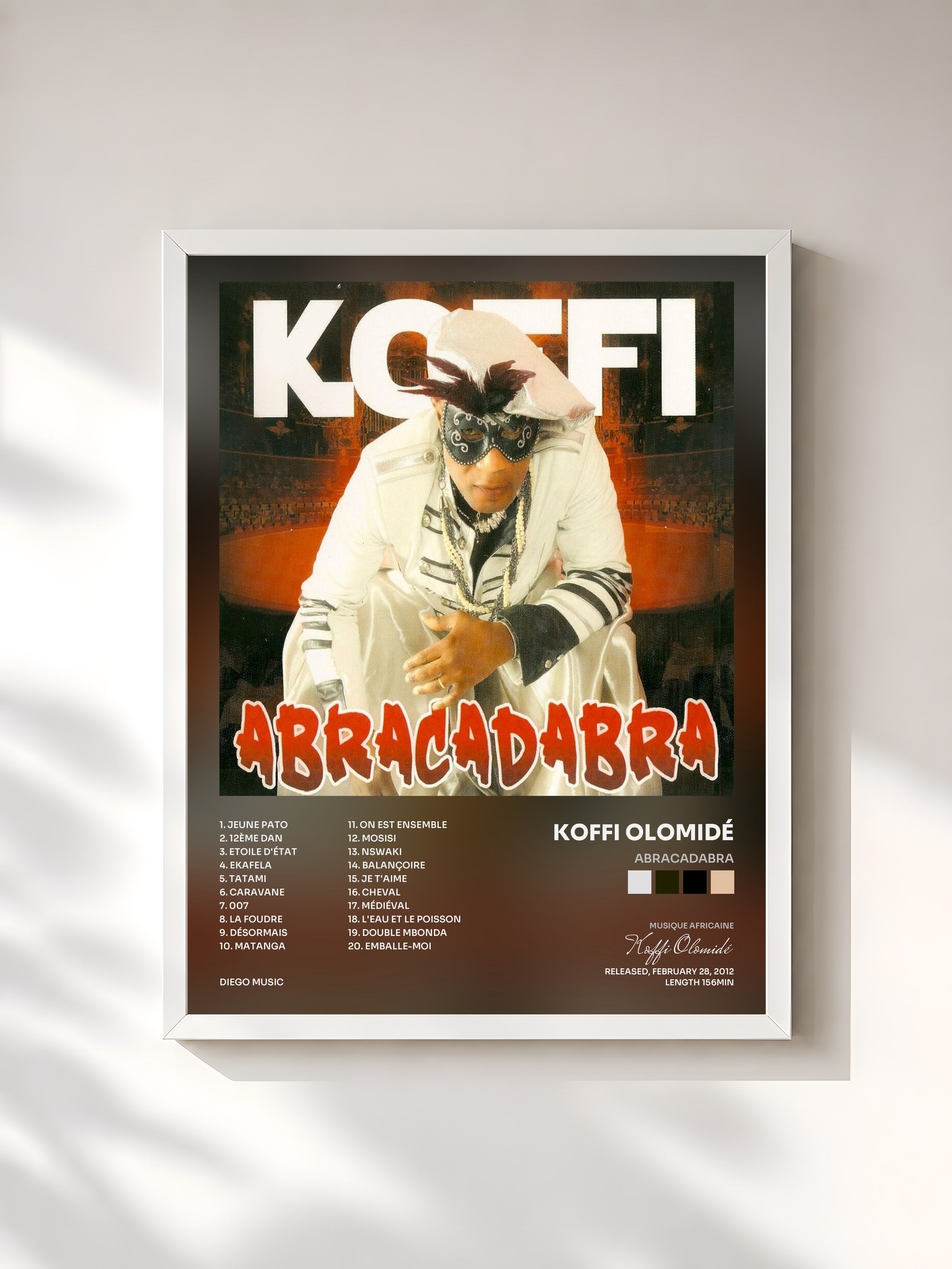 #blanc Tableau de l'album Abracadabra de Koffi Olomidé, cadre blanc, imprimé et encadré en France