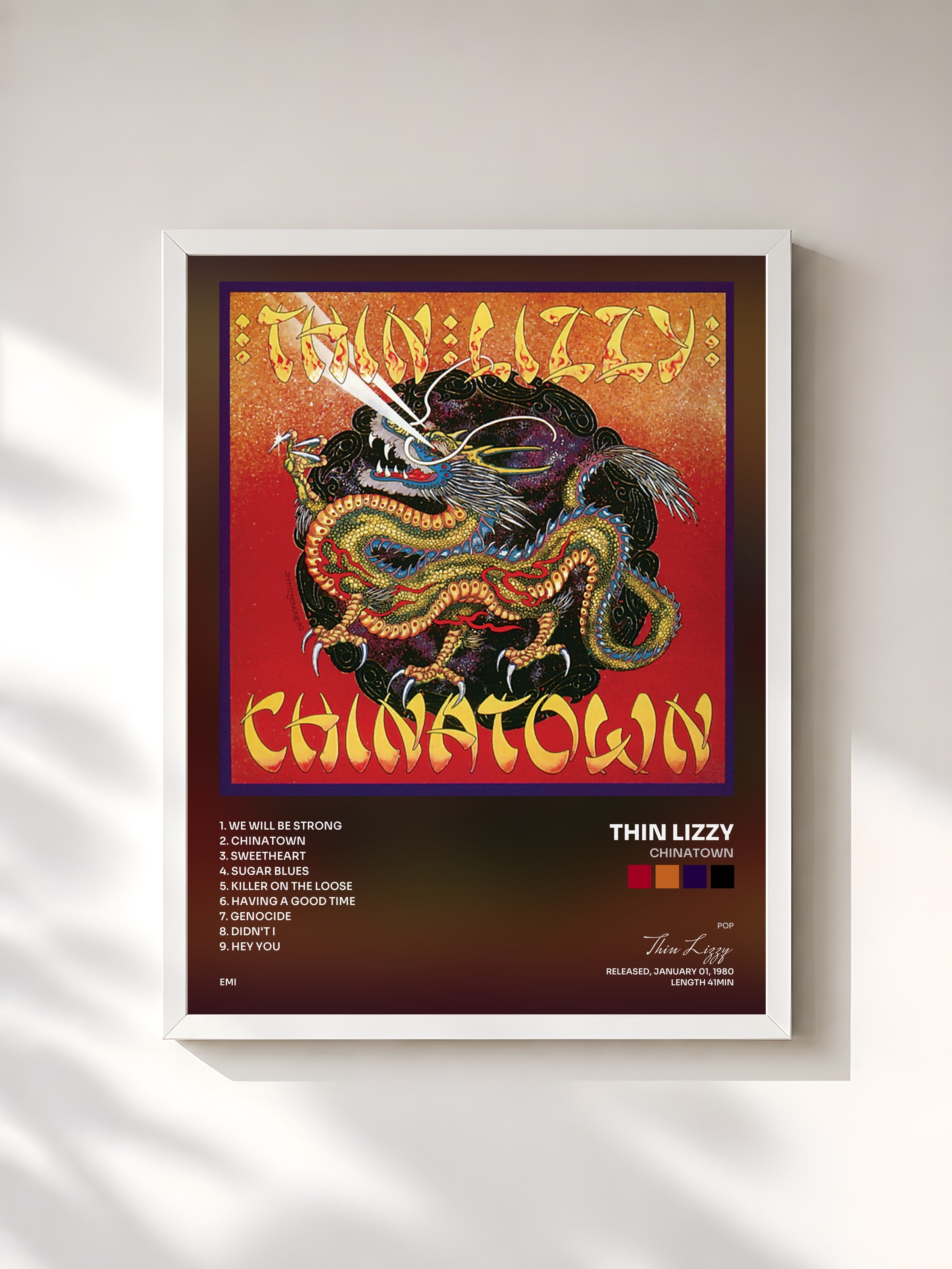 #blanc Tableau de l'album Chinatown de Thin Lizzy, cadre blanc, imprimé et encadré en France