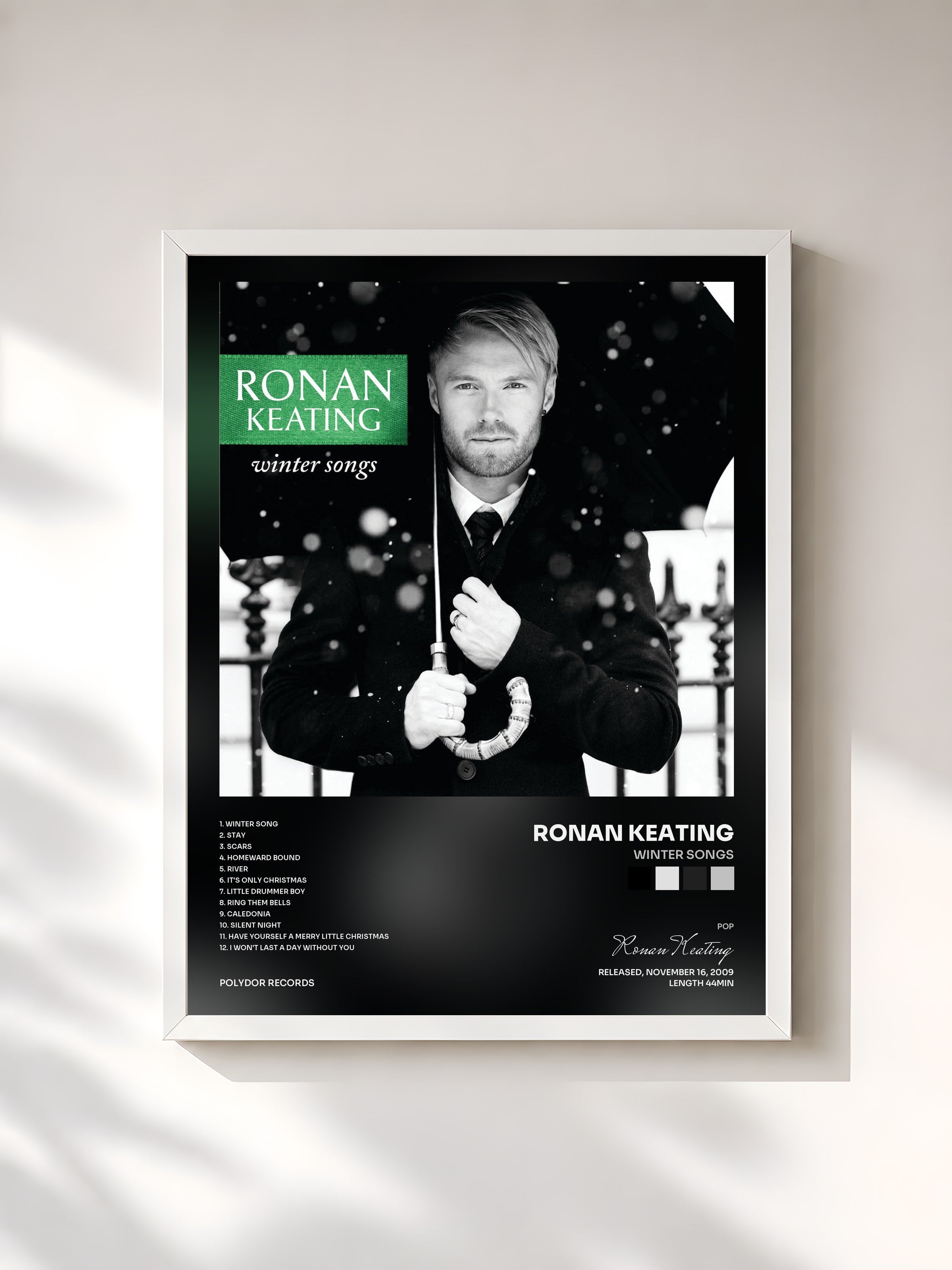 #blanc Tableau de l'album Winter Songs de Ronan Keating, cadre blanc, imprimé et encadré en France
