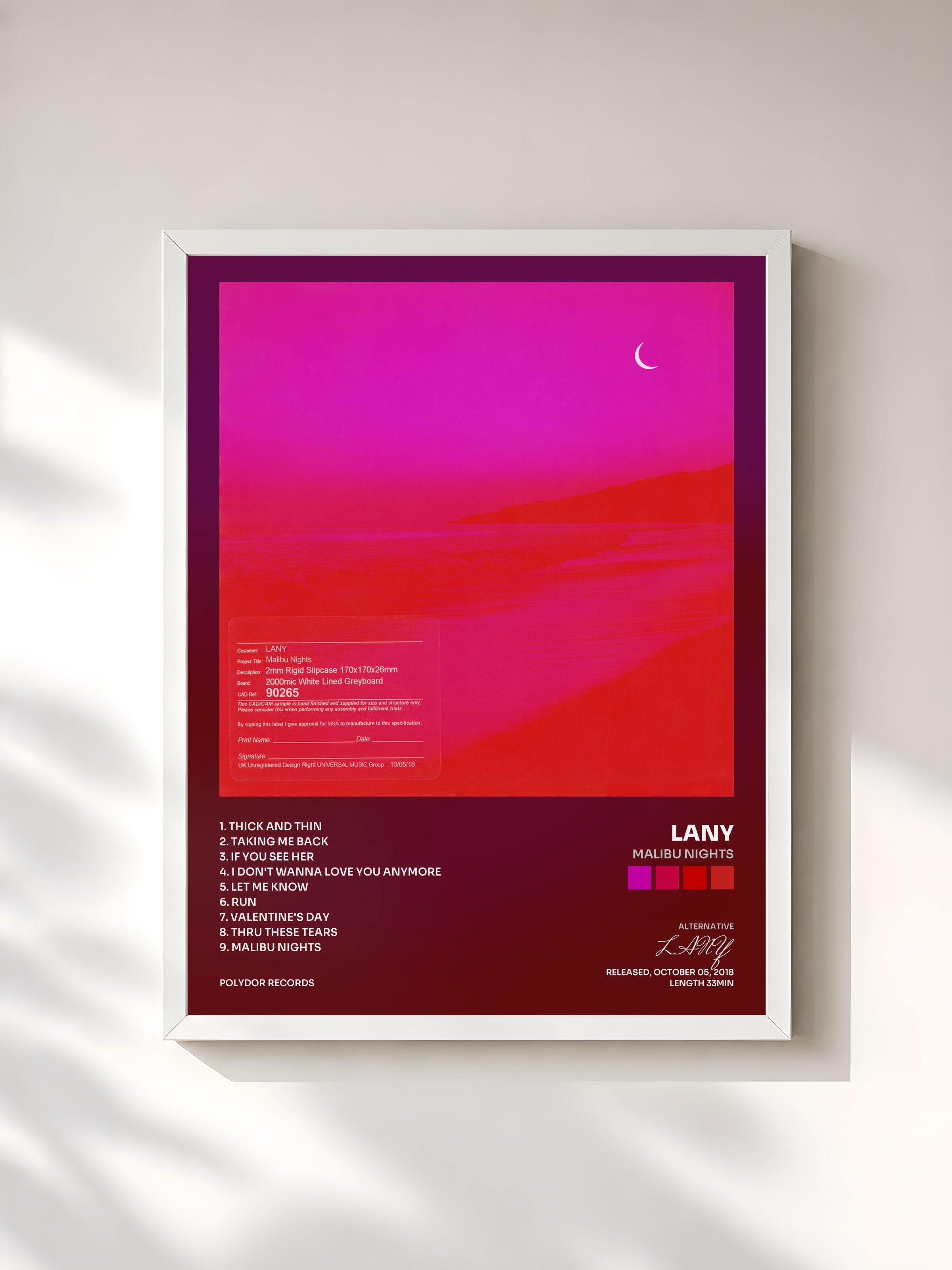 #blanc Tableau de l'album Malibu Nights de LANY, cadre blanc, imprimé et encadré en France