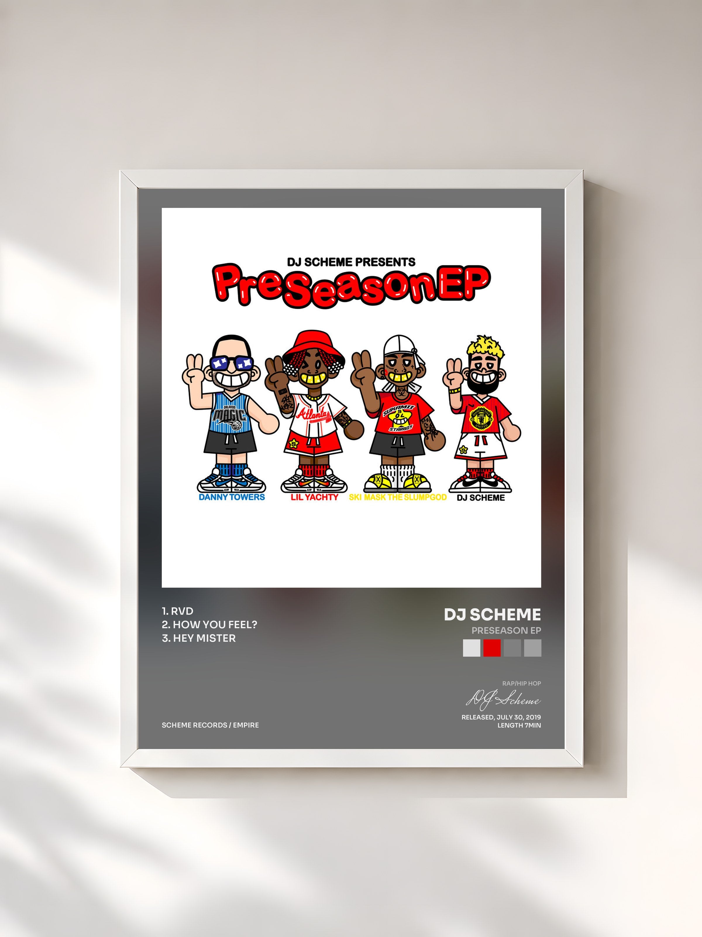 #blanc Tableau de l'album Preseason EP de DJ Scheme, cadre blanc, imprimé et encadré en France