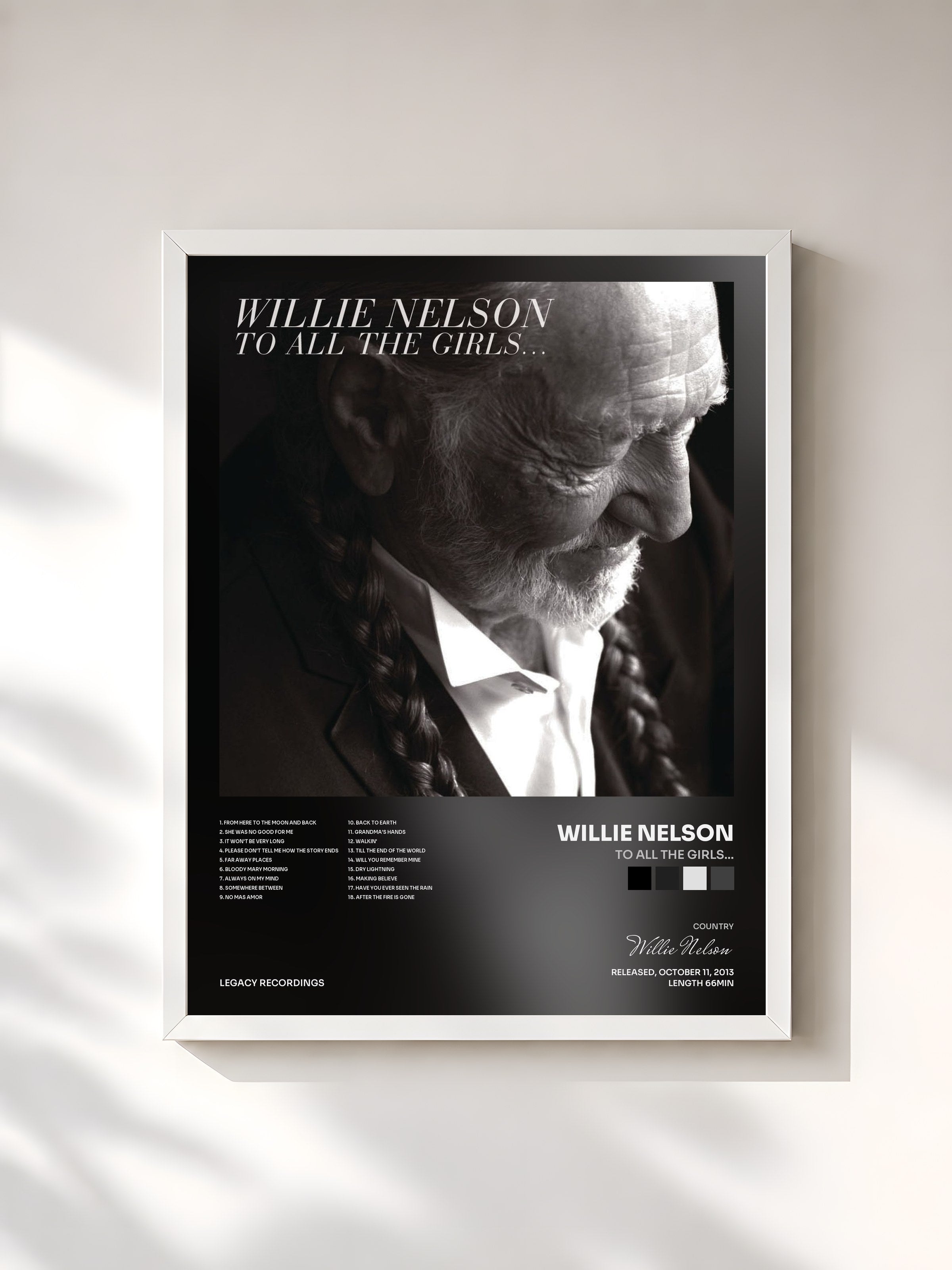 #blanc Tableau de l'album To All The Girls... de Willie Nelson, cadre blanc, imprimé et encadré en France