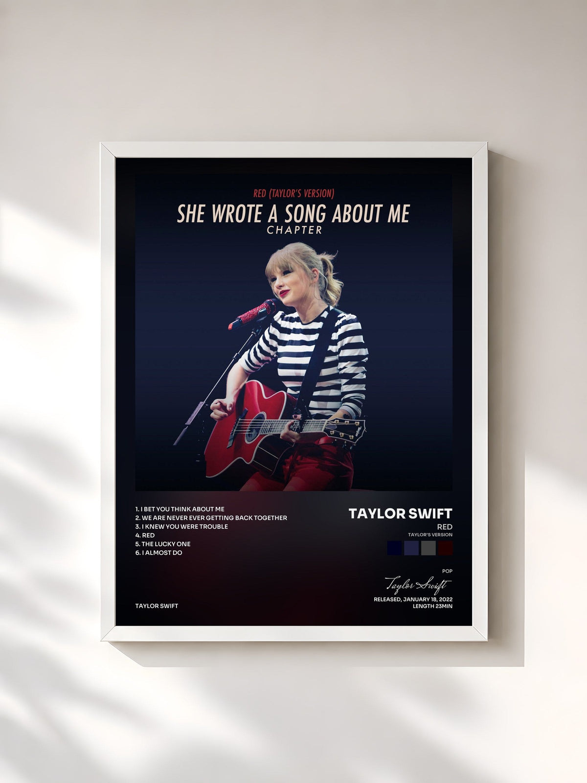 #blanc Tableau de l'album Red (Taylor’s Version): She Wrote A Song About Me Chapter de Taylor Swift, cadre blanc, imprimé et encadré en France