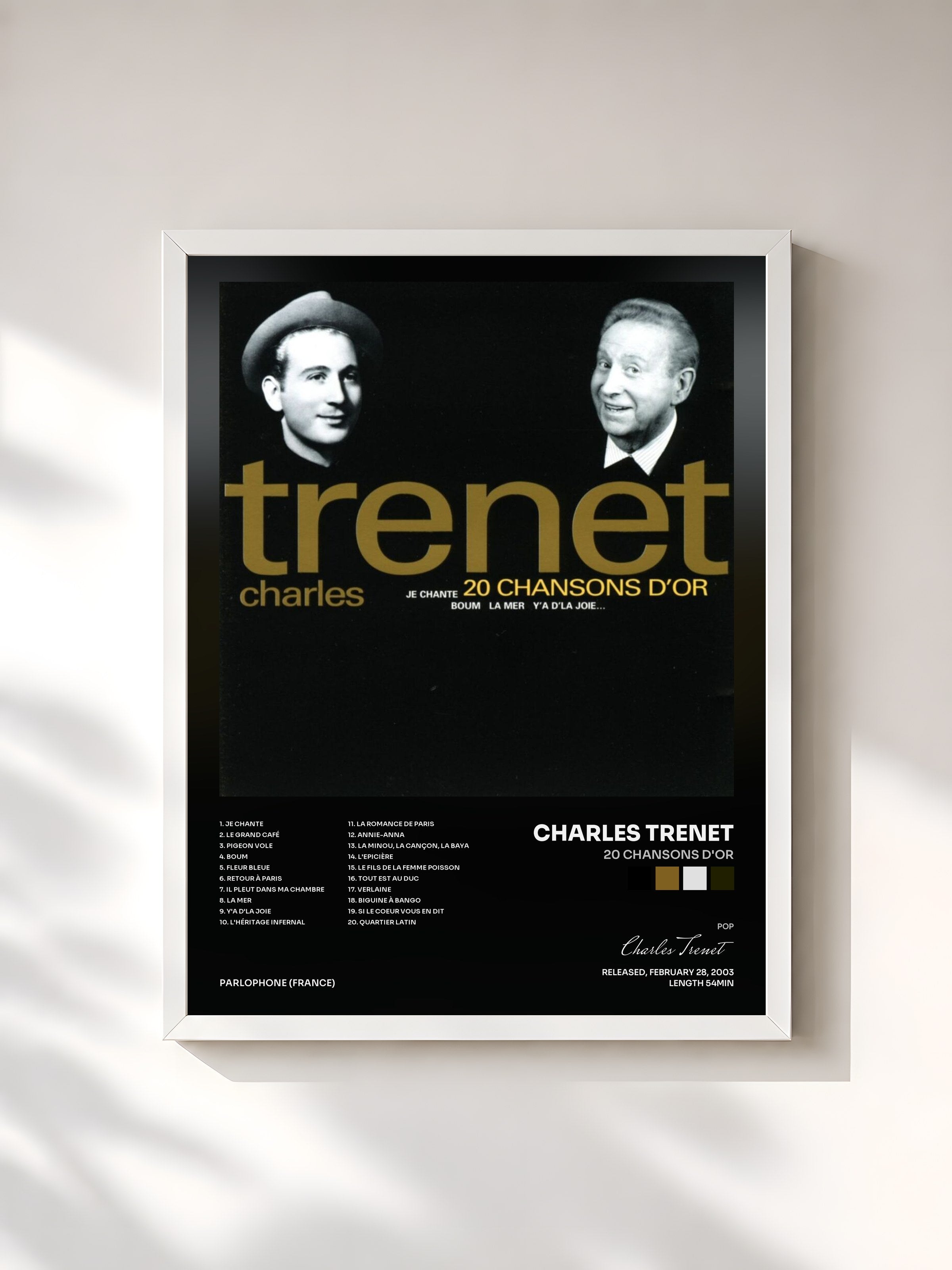 #blanc Tableau de l'album 20 chansons d'or de Charles Trenet, cadre blanc, imprimé et encadré en France
