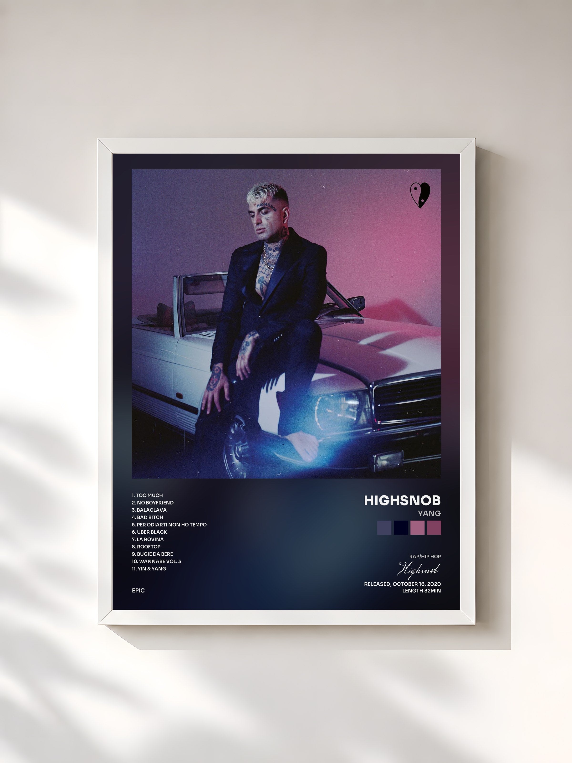 #blanc Tableau de l'album YANG de Highsnob, cadre blanc, imprimé et encadré en France