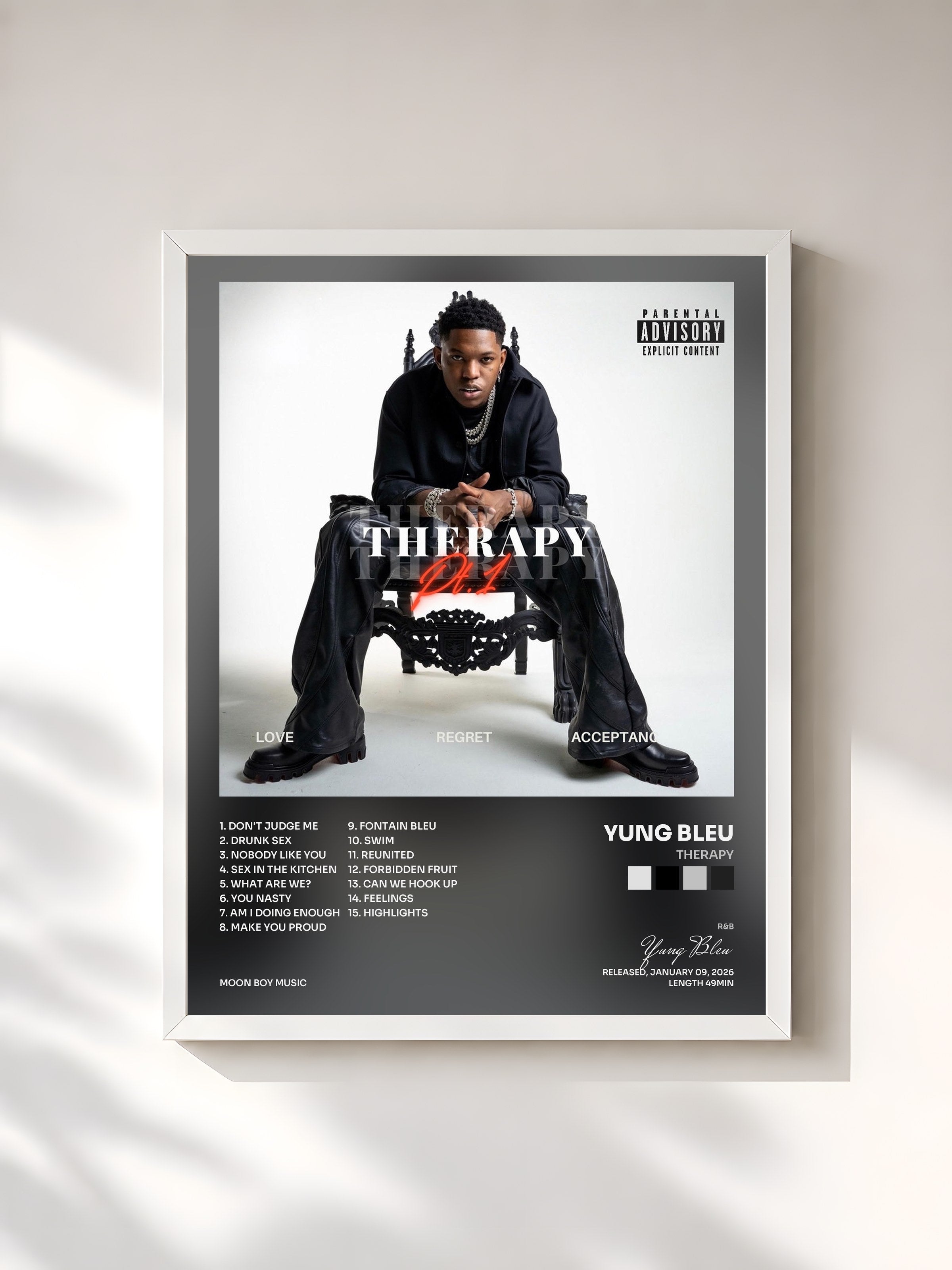 #blanc Tableau de l'album THERAPY de Yung Bleu, cadre blanc, imprimé et encadré en France